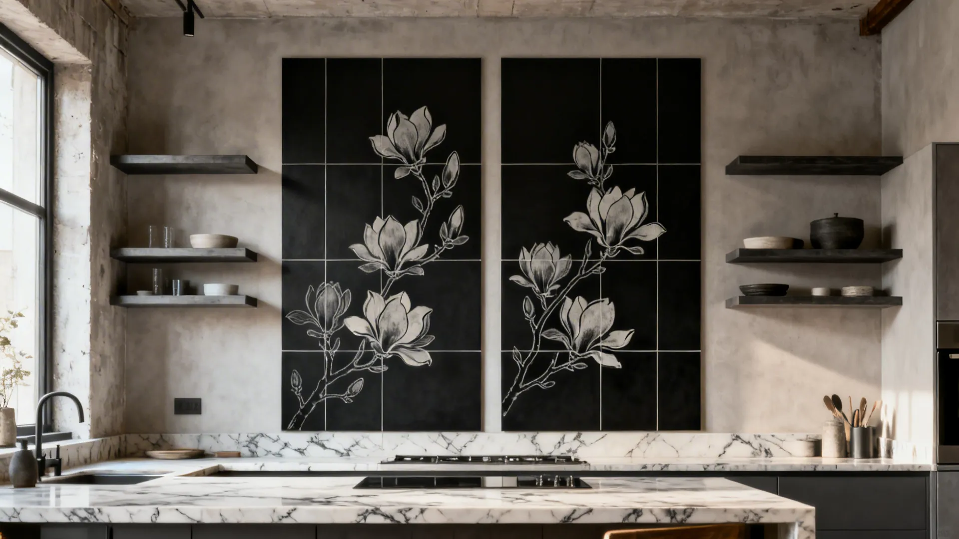 Hand-Painted Florals on Large-Format Black Tiles