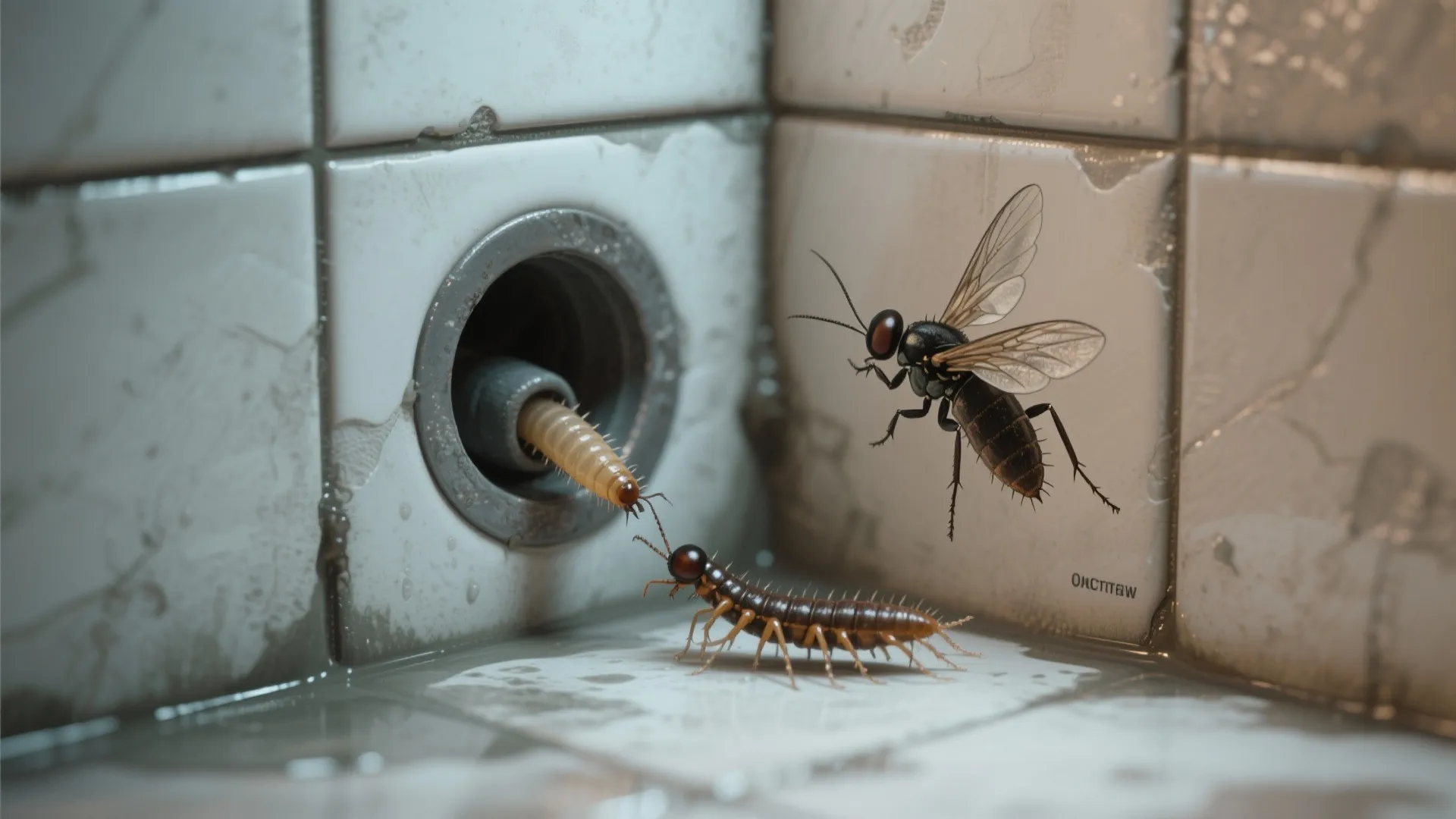 Small insects and bugs crawling near bathroom drain on white tiles with a black fly