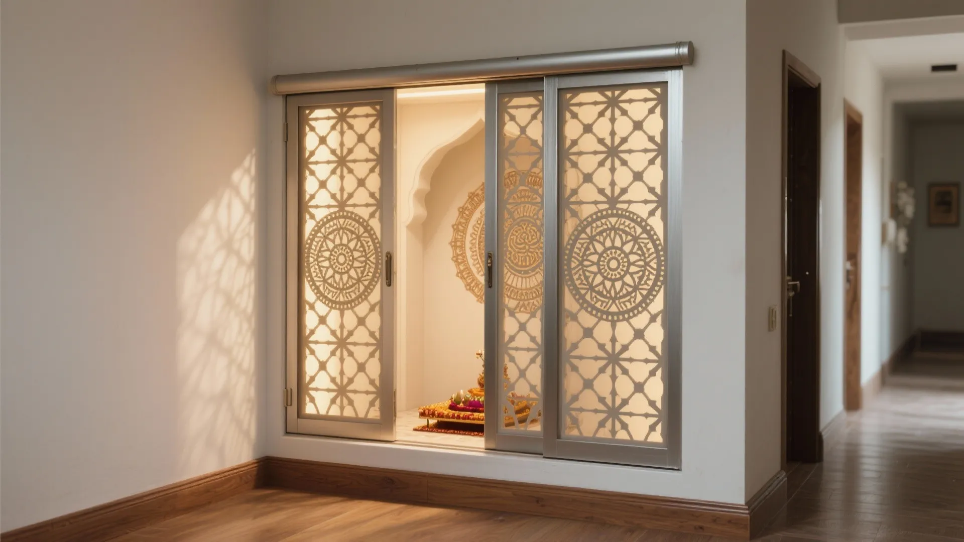 Compact pooja niche with sliding laser-cut geometric doors and warm internal lighting.