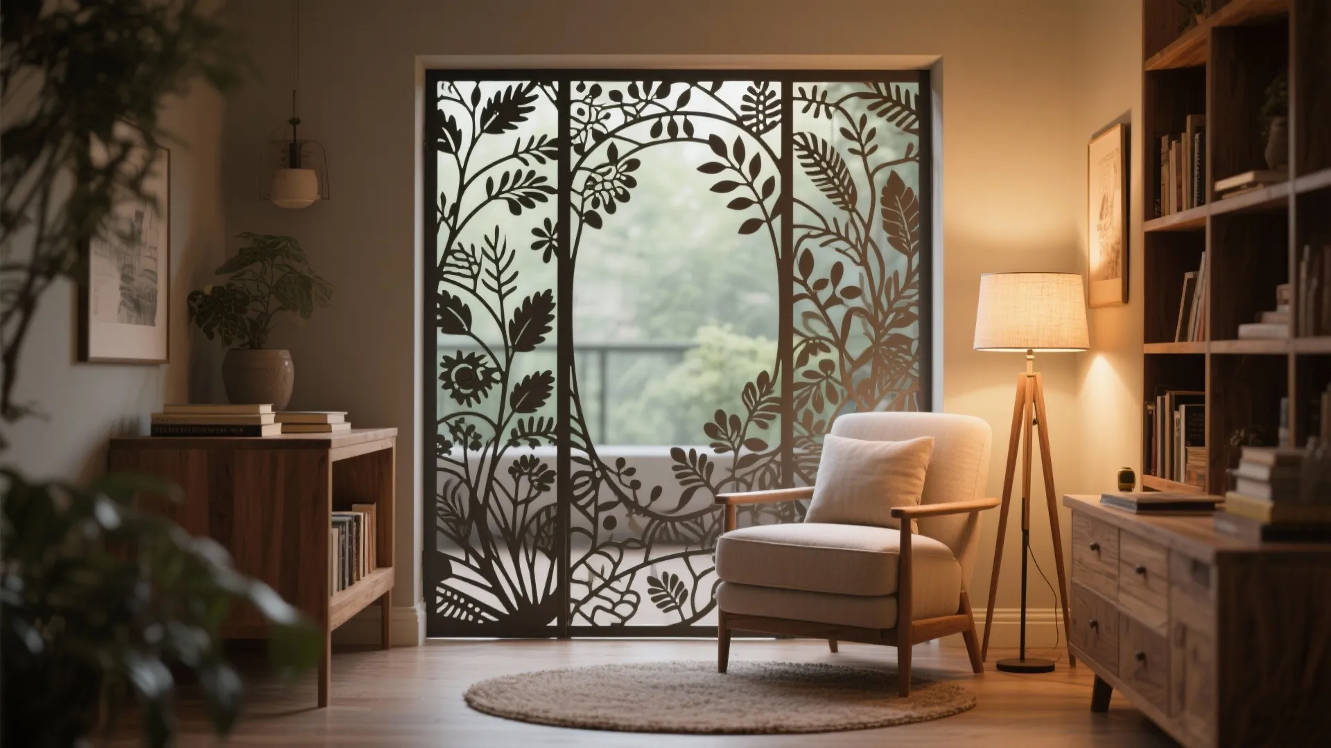 Living room with cozy armchair and wooden cabinet featuring a decorative floral pattern sliding door