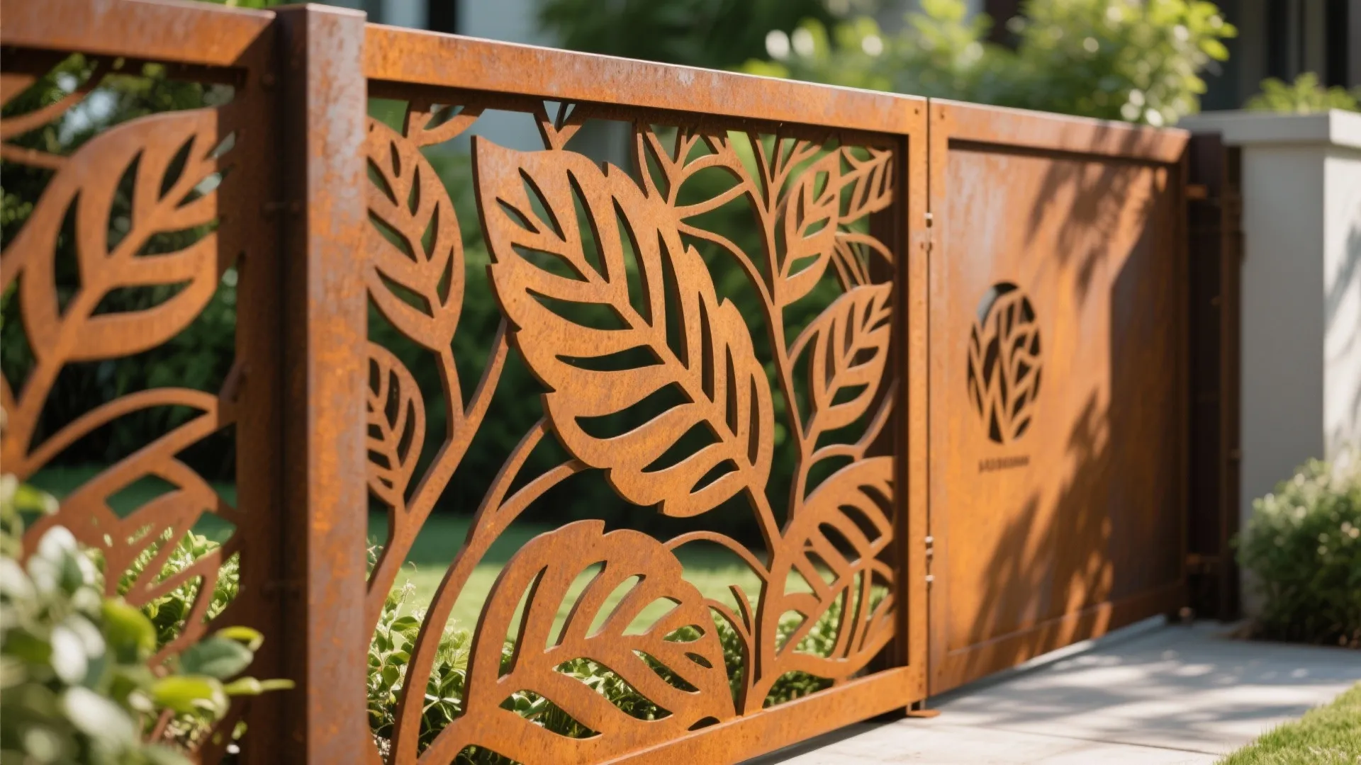 Rusty orange metal garden gate with decorative leaf cutouts standing in front of green garden bushes