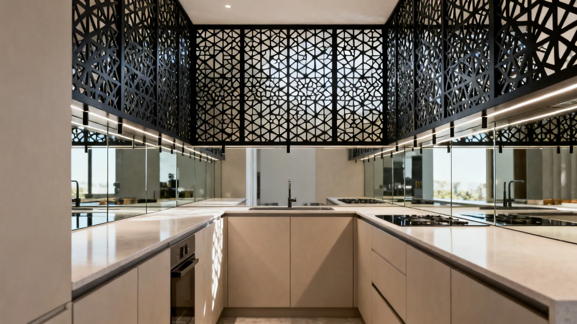 Matte black laser-cut jali panel over a mirrored backsplash adds depth in a narrow galley kitchen.