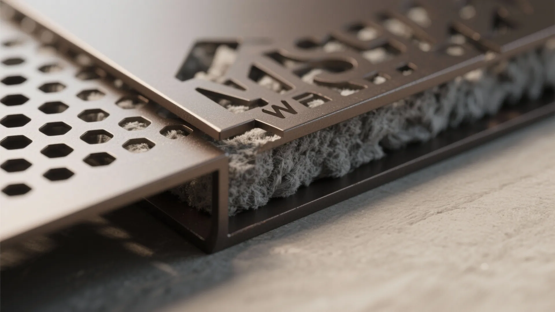 Detailed view of a brown metal trim with decorative cutouts over a grey soft material