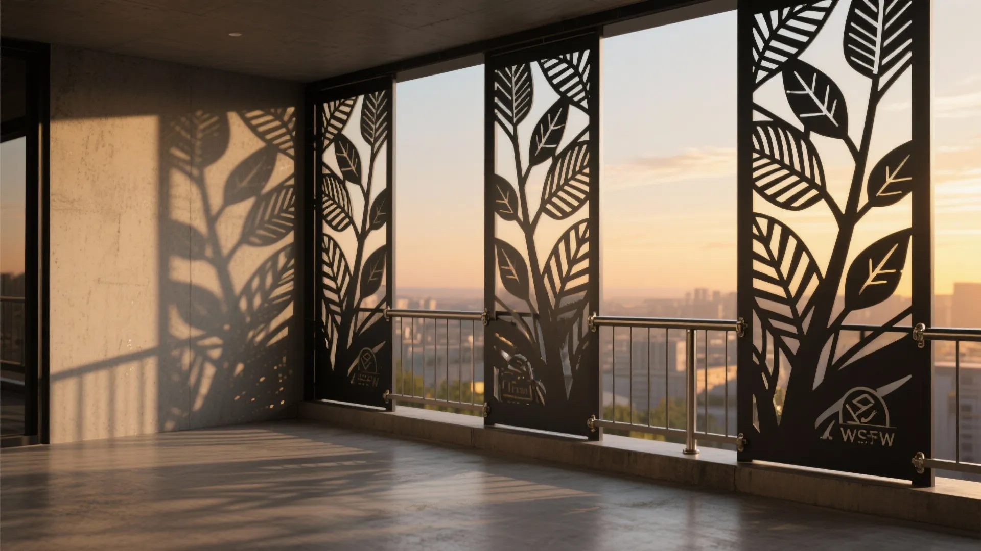 Balcony with laser-cut steel panels casting botanical shadows at sunset.