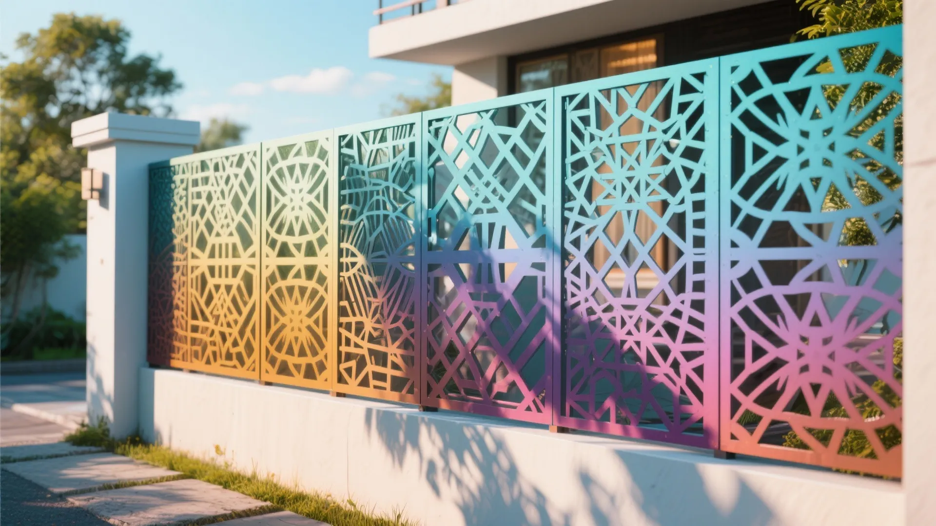 Colorful rainbow patterned metal fence panels mounted on a white stone wall under clear sky