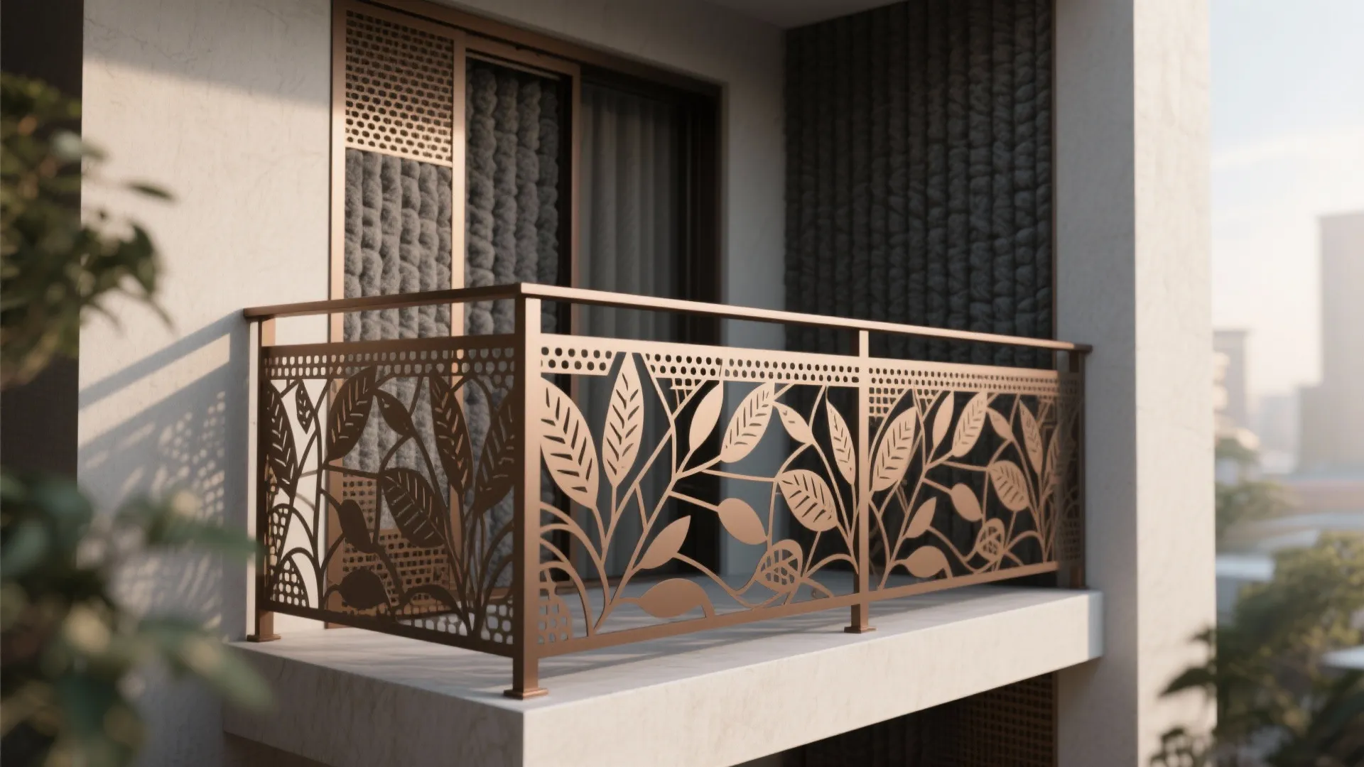 Modern balcony with a brown metal railing featuring decorative leaf patterns and a sliding glass door