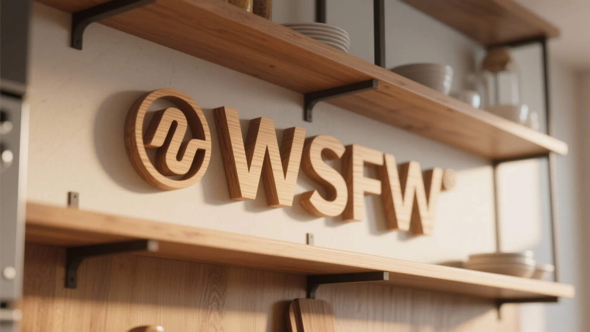Wooden letters and logo mounted on wall between kitchen shelves holding white bowls and ceramic plates