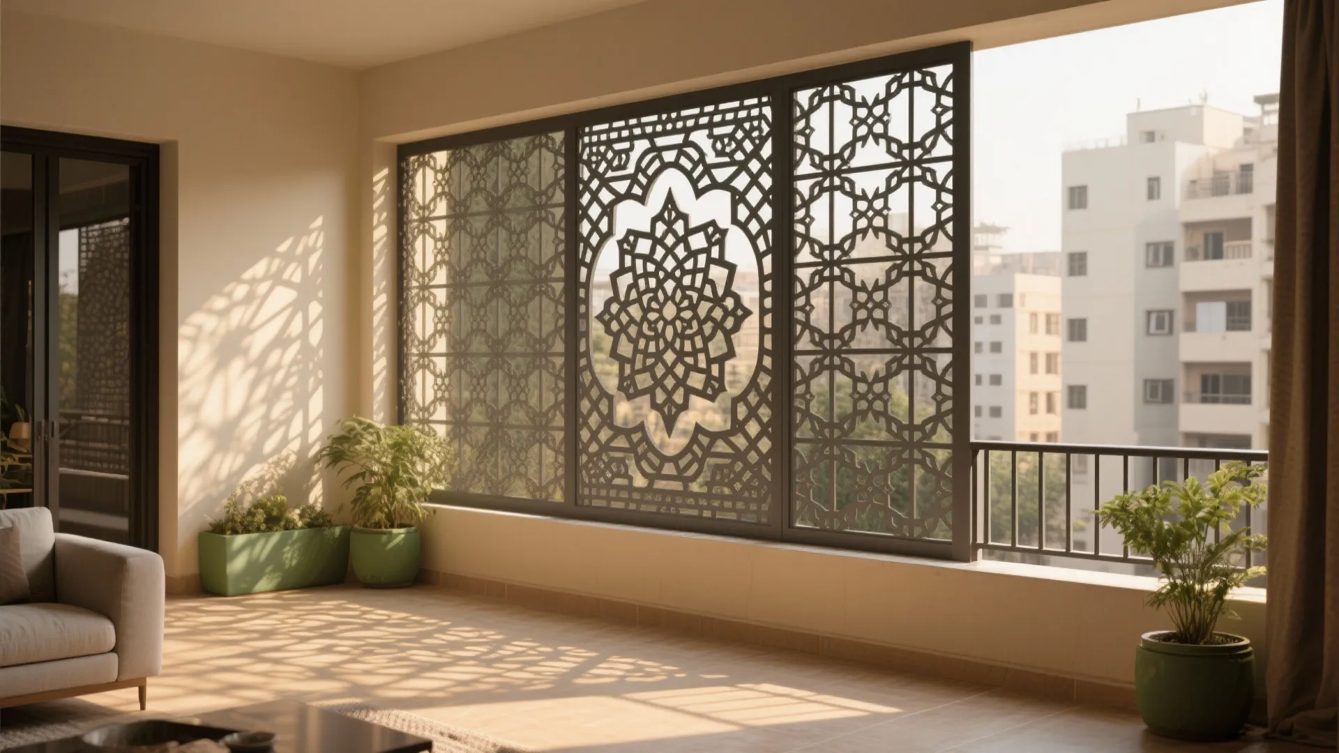 Spacious living room featuring large windows with decorative pattern screens green plants and wooden floor