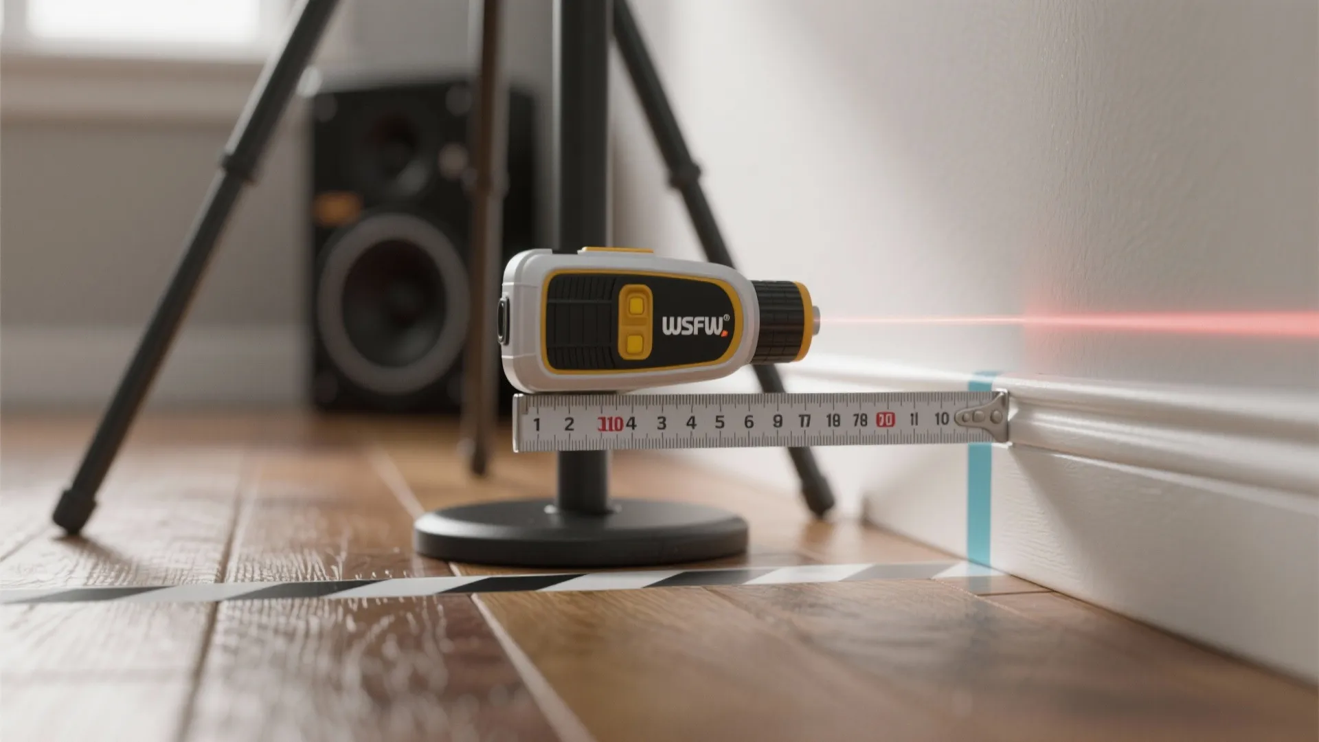 Laser distance tool and tape measure used to measure the height of a white wall panel