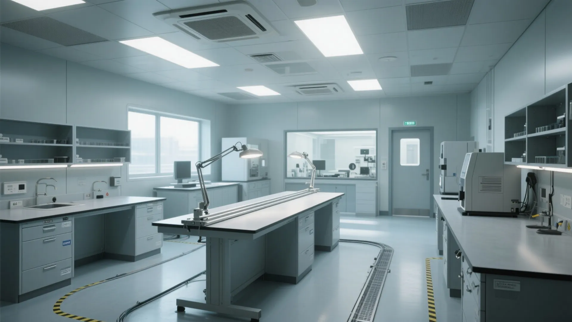 Clean modern laboratory room interior design with white desks desk lamps cabinets and bright ceiling lights