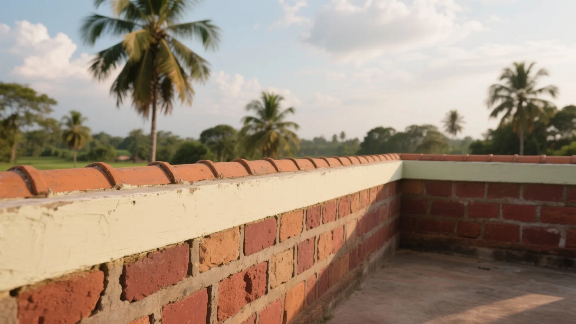 Red brick rooftop wall with white trim and orange clay tiles overlooking tropical palm trees
