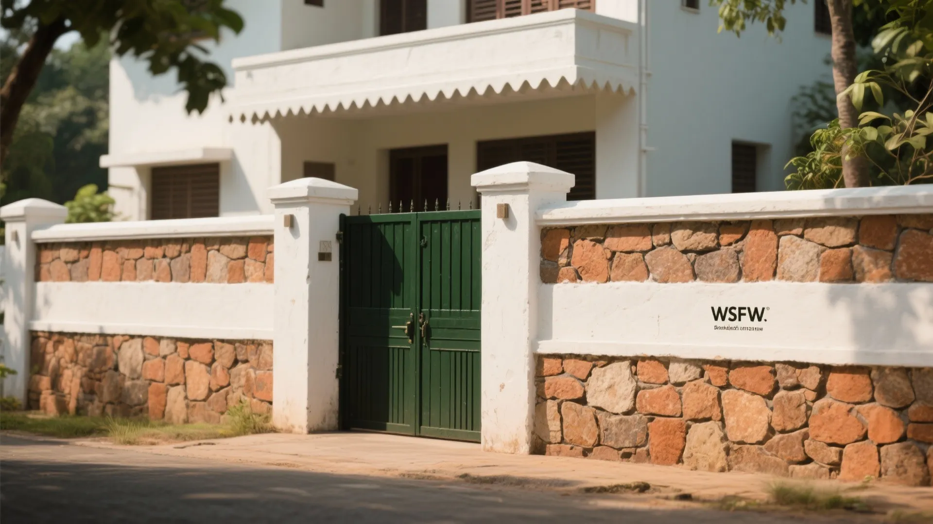 Modern white house exterior with a green metal gate and a decorative stone wall design