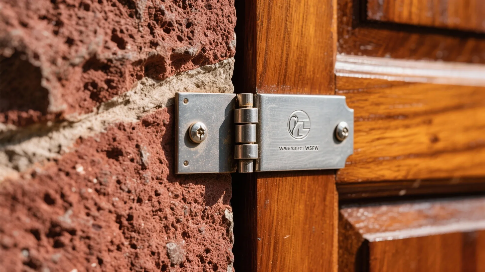 Close up of a metal door hinge attached to a red stone wall and wood