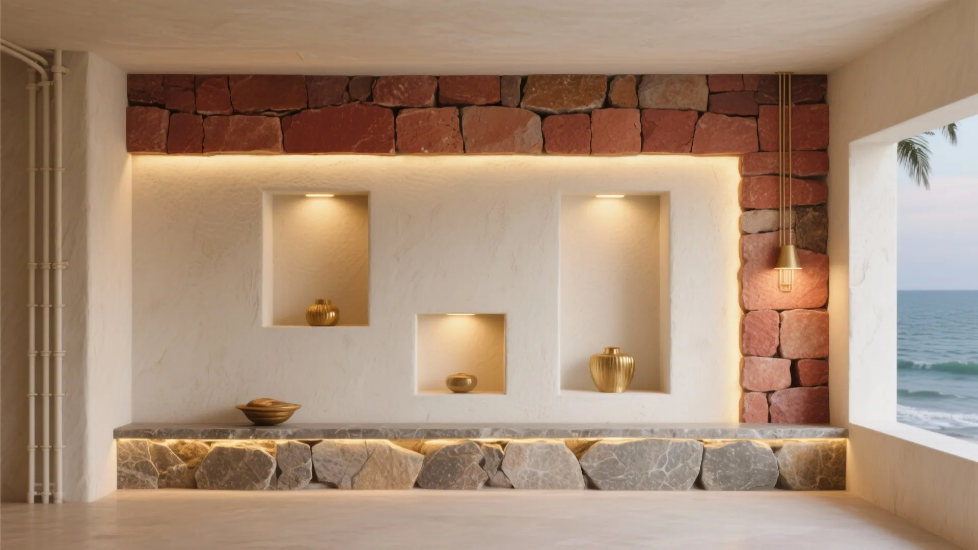 Interior room with red stone wall decorative niches with gold vases and ocean view window