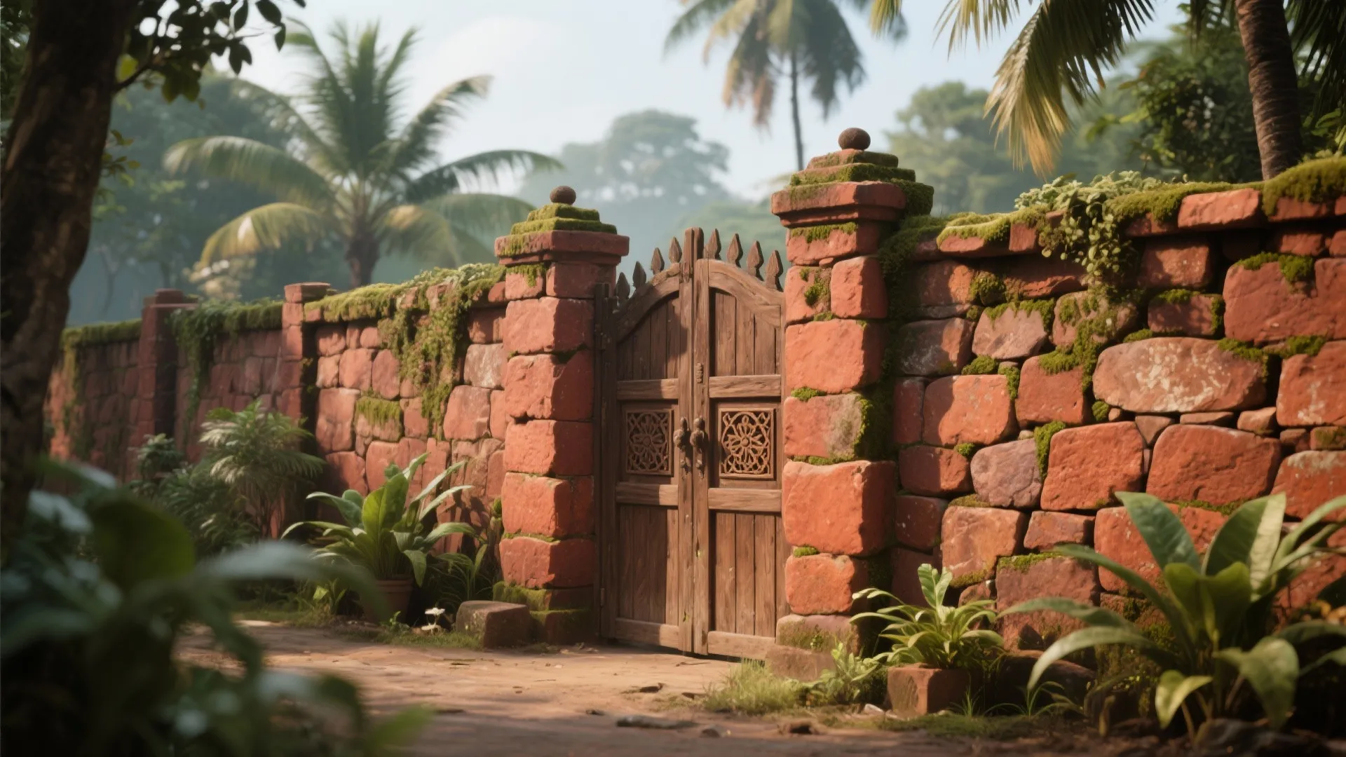 Tropical garden entrance featuring a red stone wall with moss and a wooden garden gate