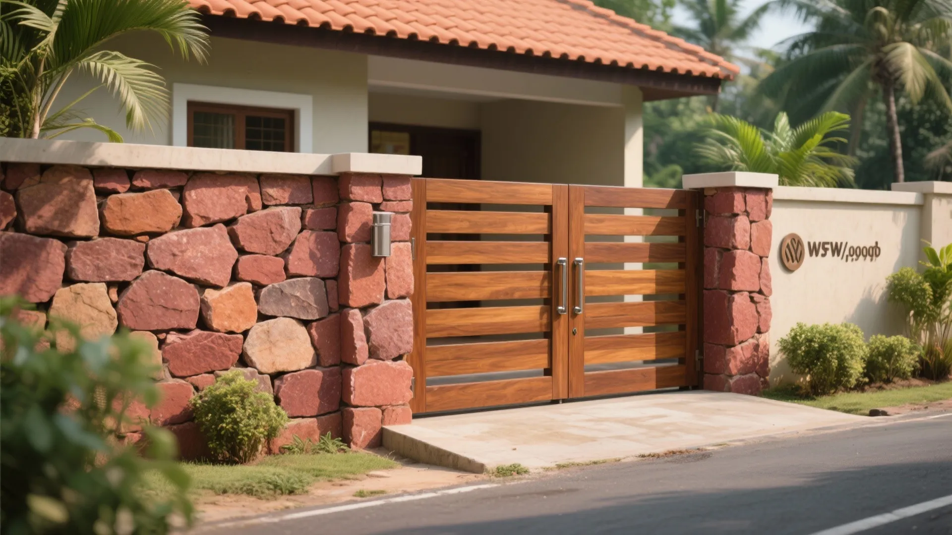 Red stone wall with wooden gate next to a house with red tile roof and palms
