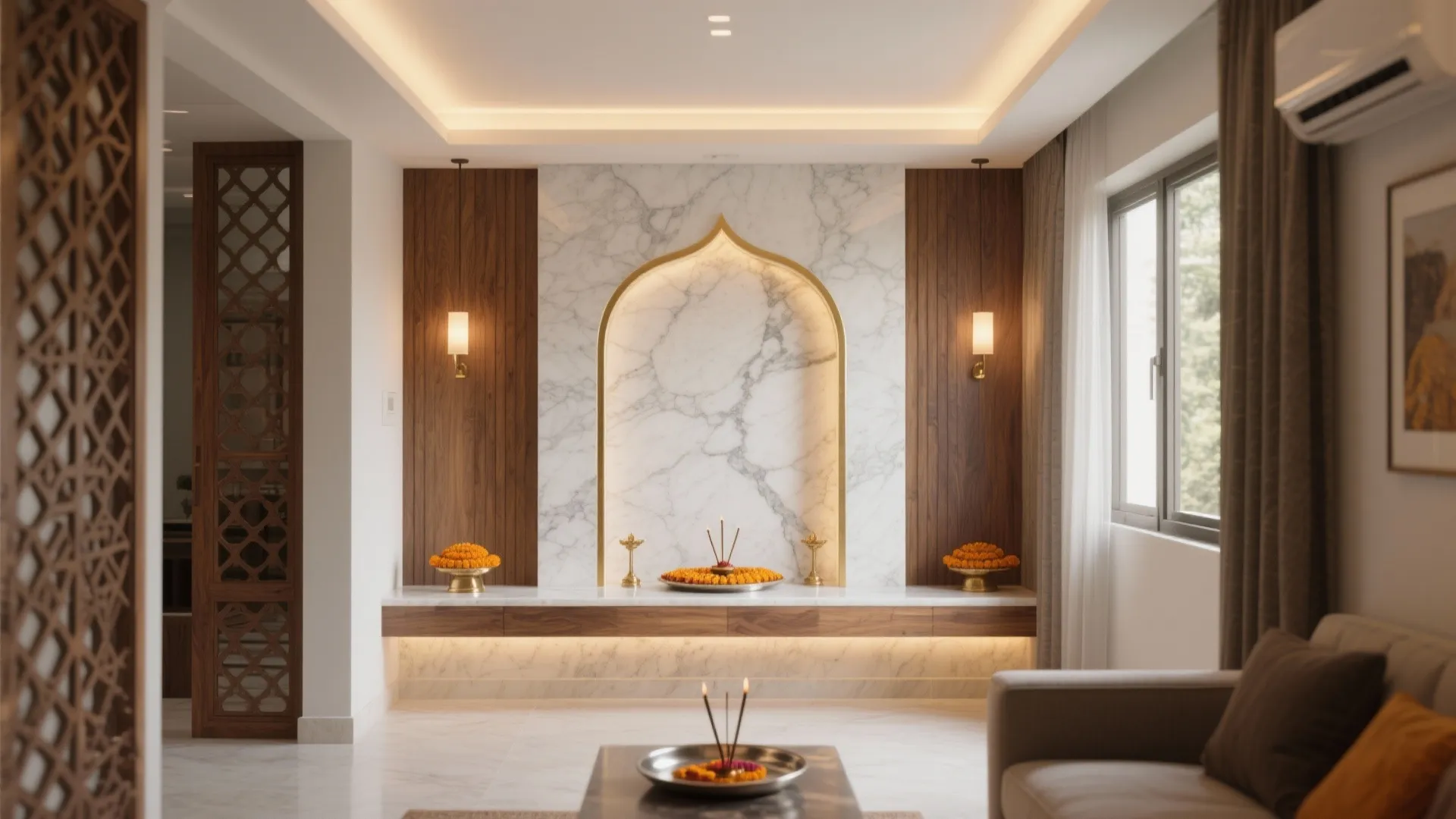 Modern prayer room design with marble wall panel, gold arched niche, wooden cabinets, and sofa