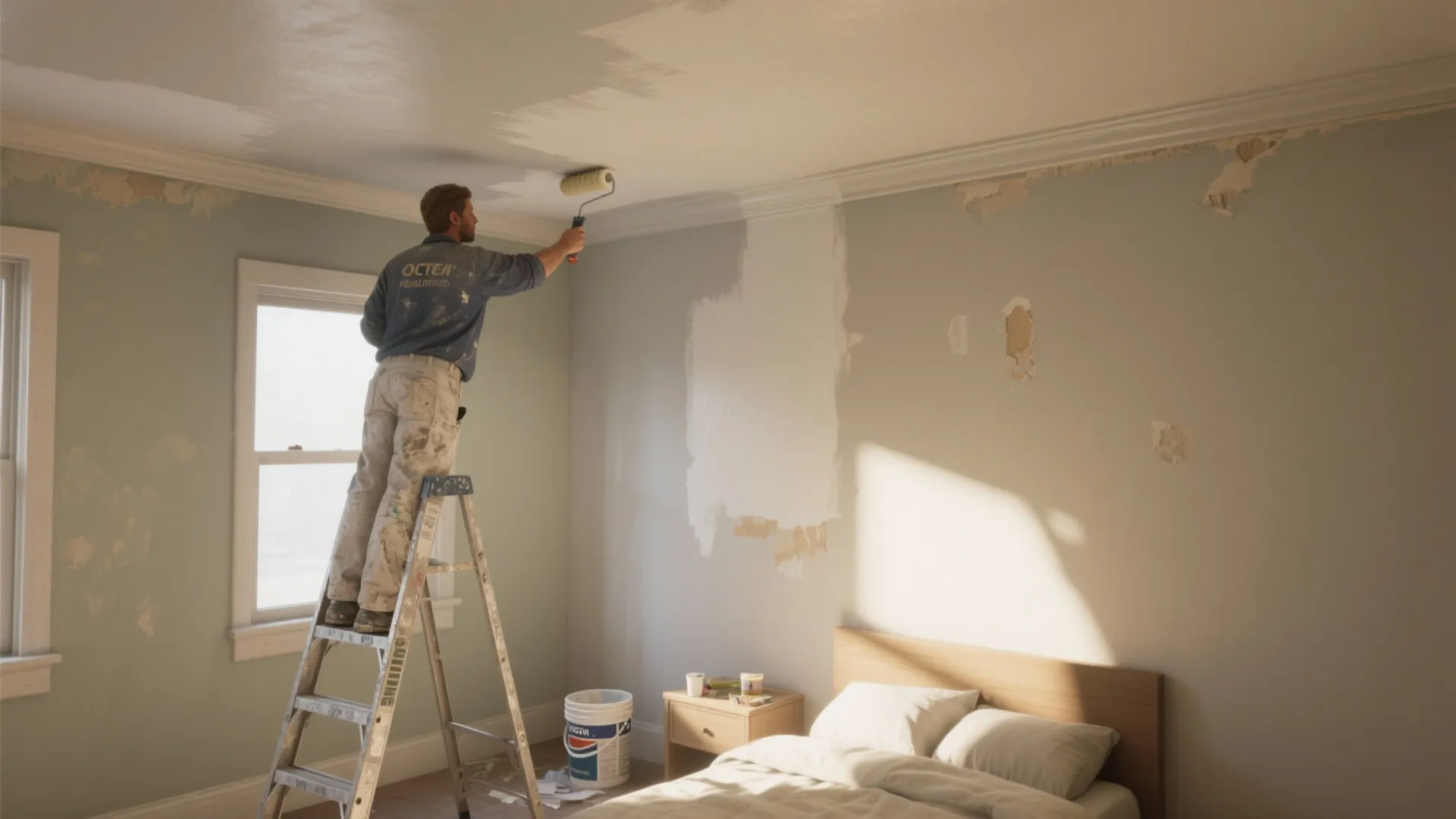 Painter rolling latex wall paint onto a low-traffic ceiling in a small bedroom, showing prep and flat finish.