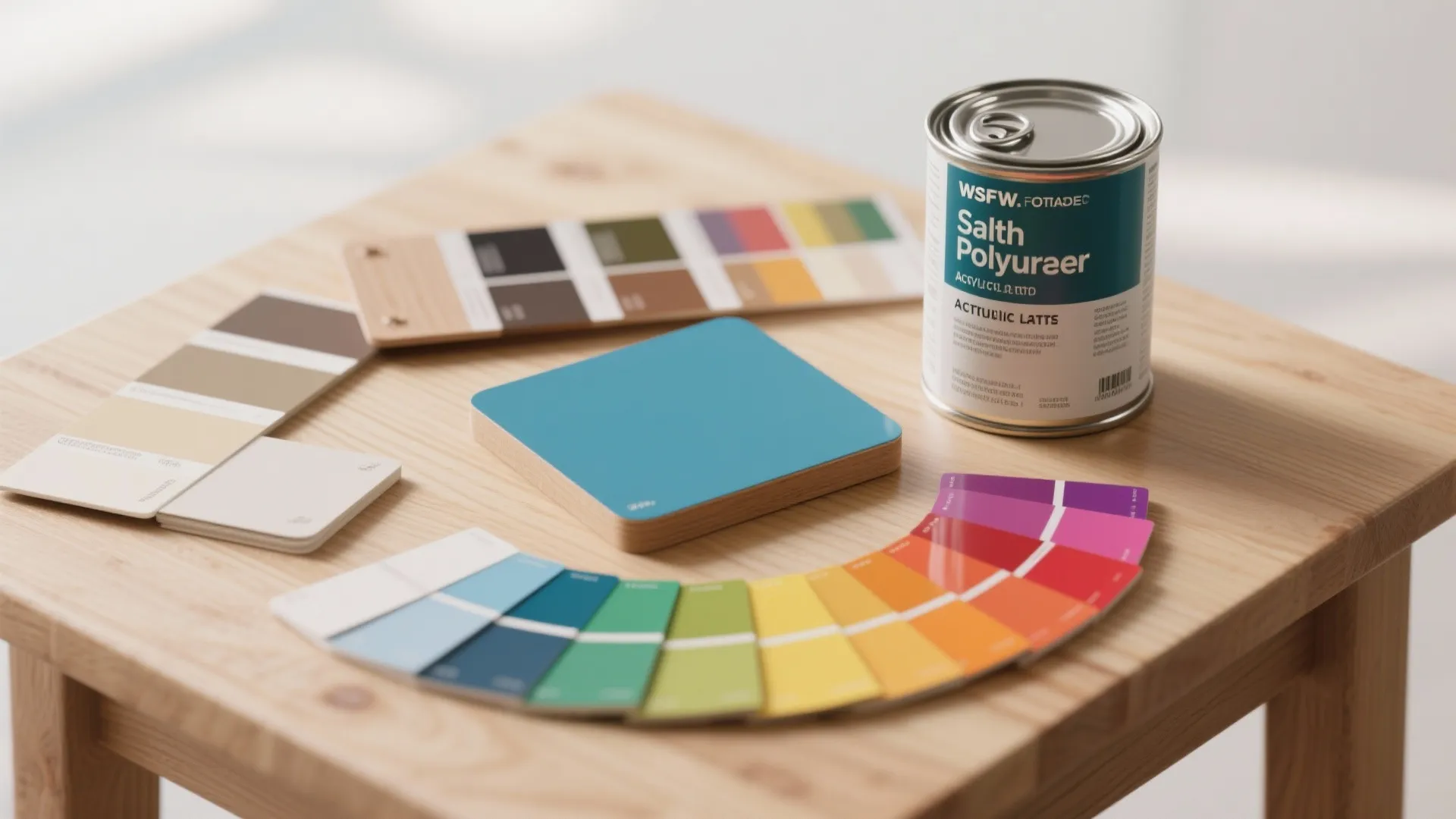 Flatlay of acrylic latex color sample board and clear satin polyurethane can for testing color fidelity