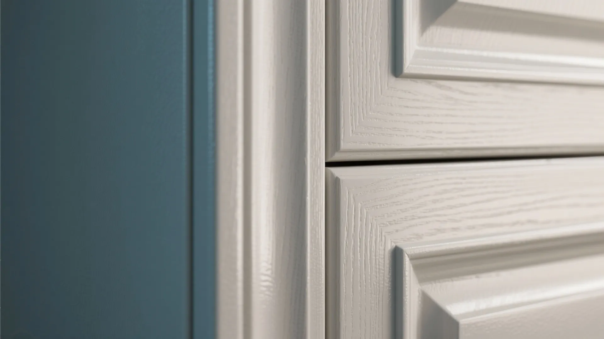 Close up of white wood kitchen cabinet doors with a detailed texture and blue wall