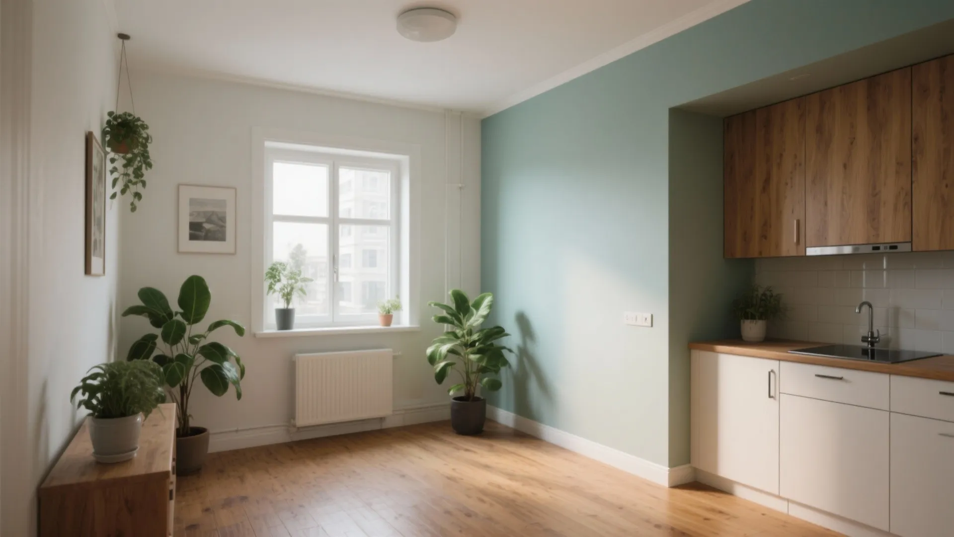 Modern kitchen and dining area with green walls wooden floor white cabinets and green plants
