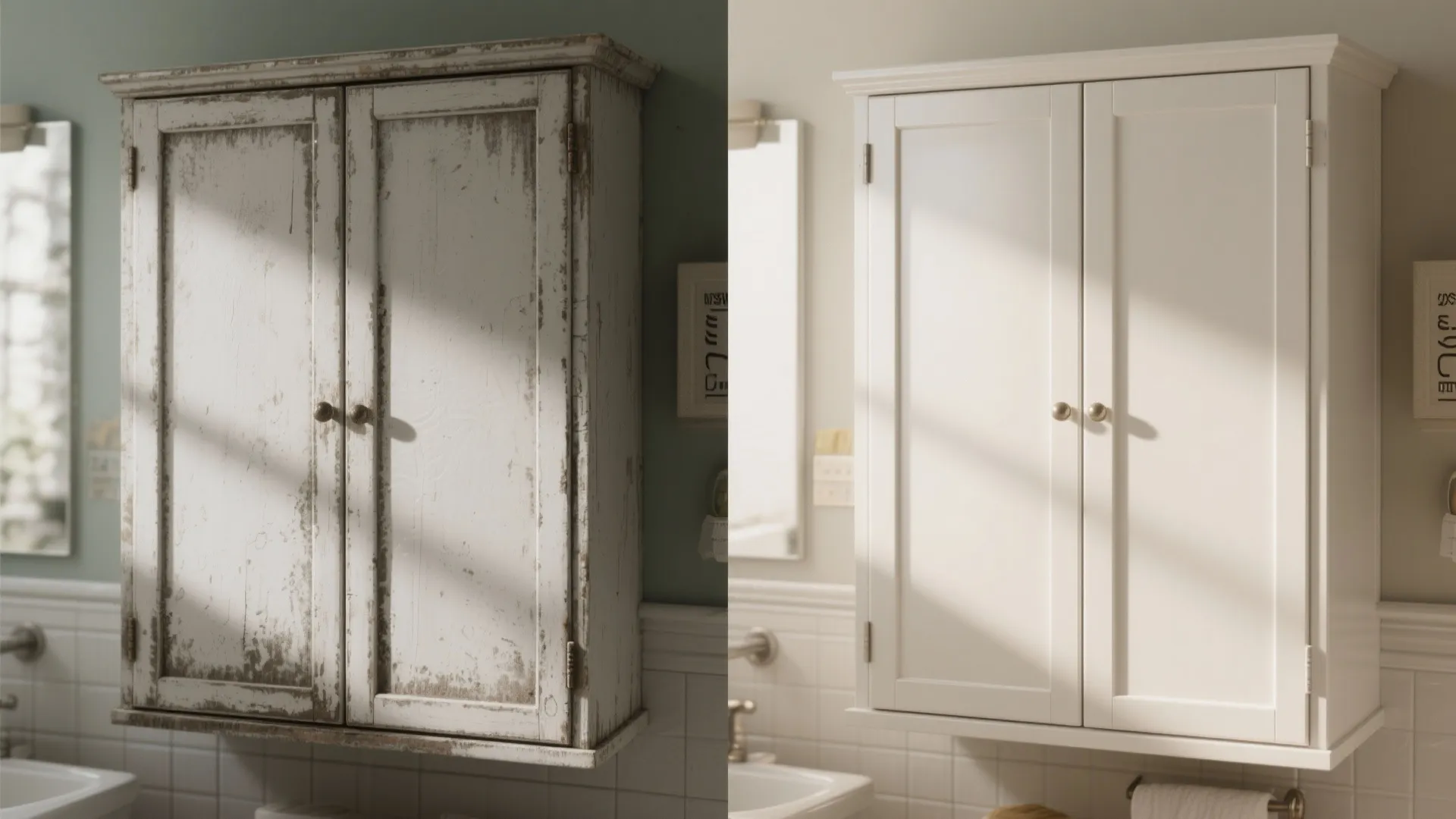 Split view of bathroom cabinet before (worn glossy) and after using acrylic latex with high-build primer