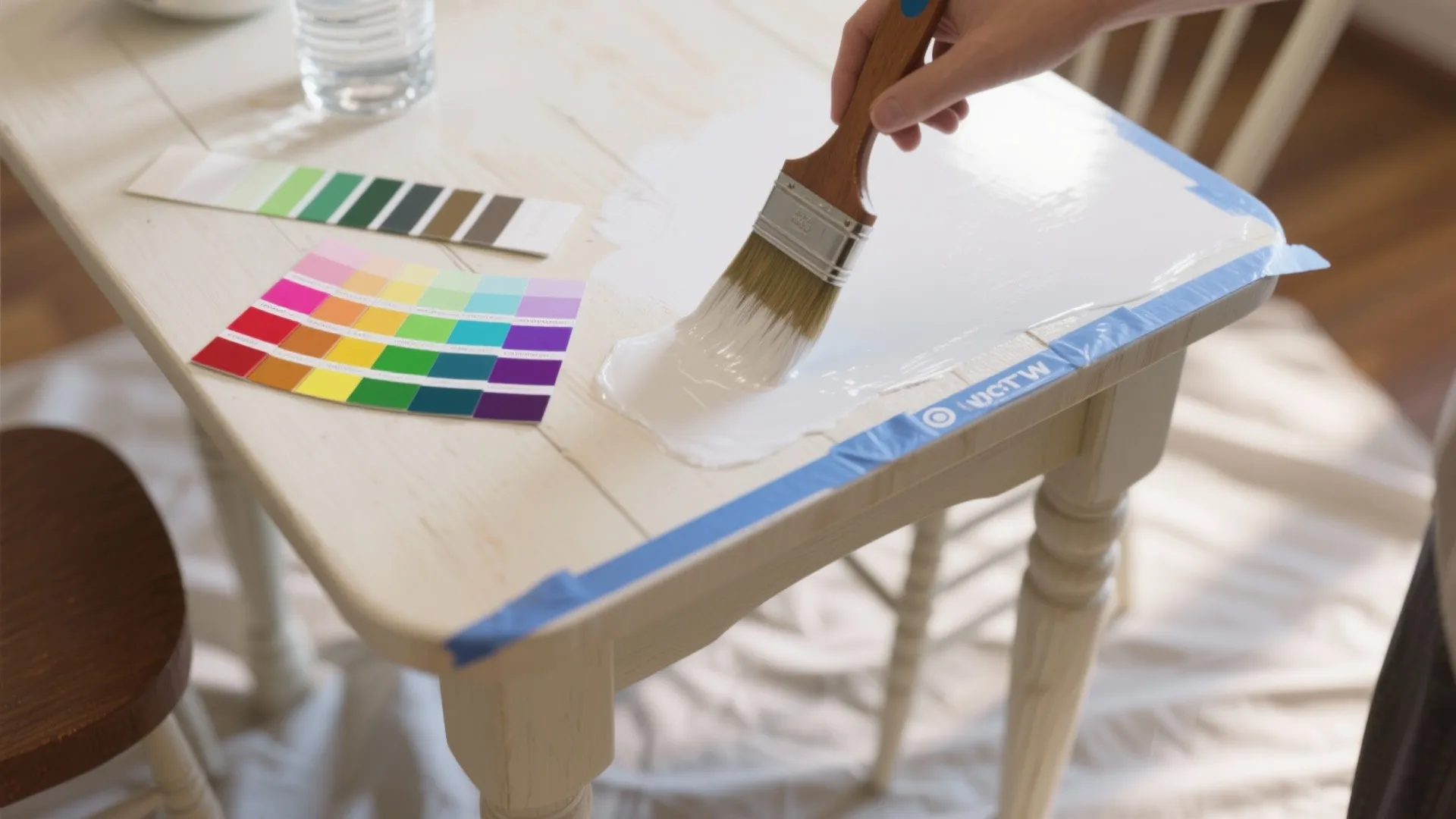 Person painting a wooden table white with a brush next to colorful paint sample cards