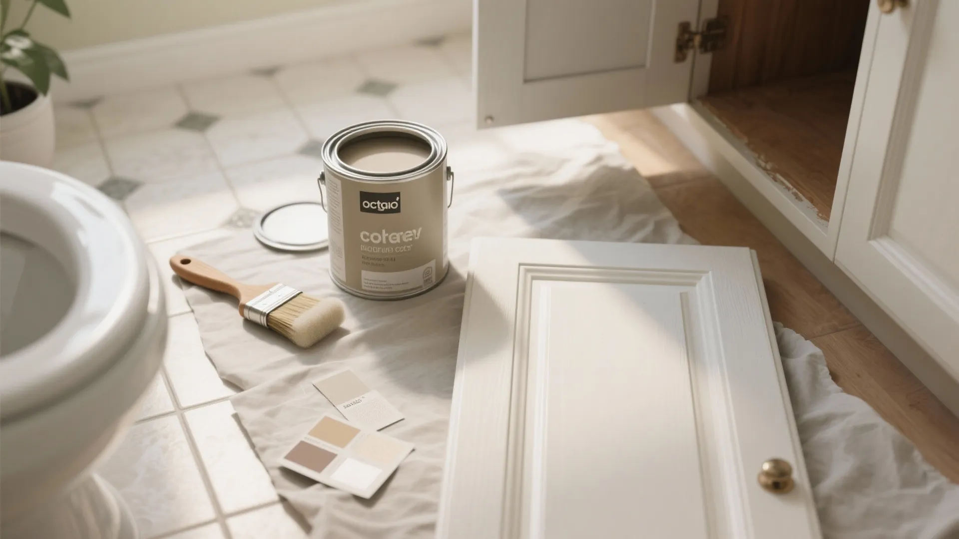 Cabinet door painting set with paint can brush and color samples on a protective cloth