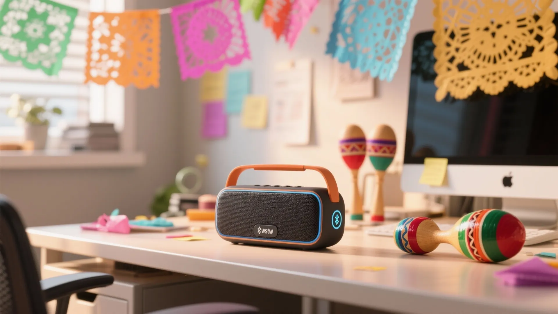 Black wireless speaker with orange handle on office desk with colorful party flags and maracas