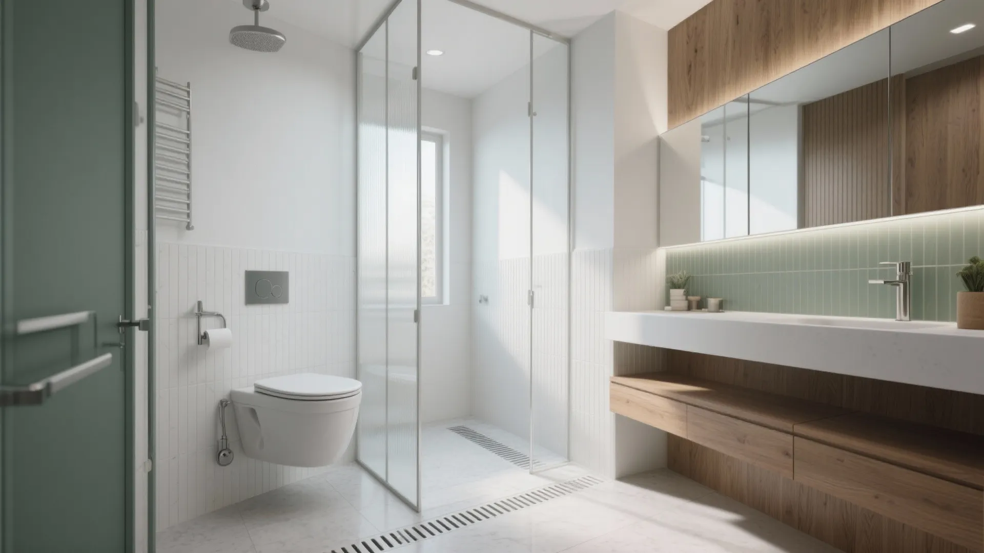 Bright bathroom with white toilet glass shower door wooden cabinet sink and green wall tile accent