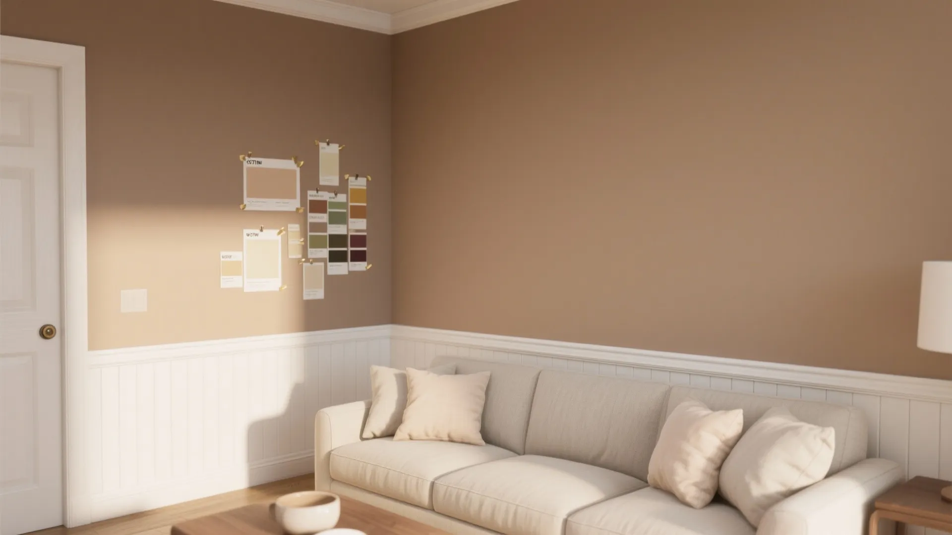 Modern living room featuring a tan sofa with pillows against a light brown wall panel