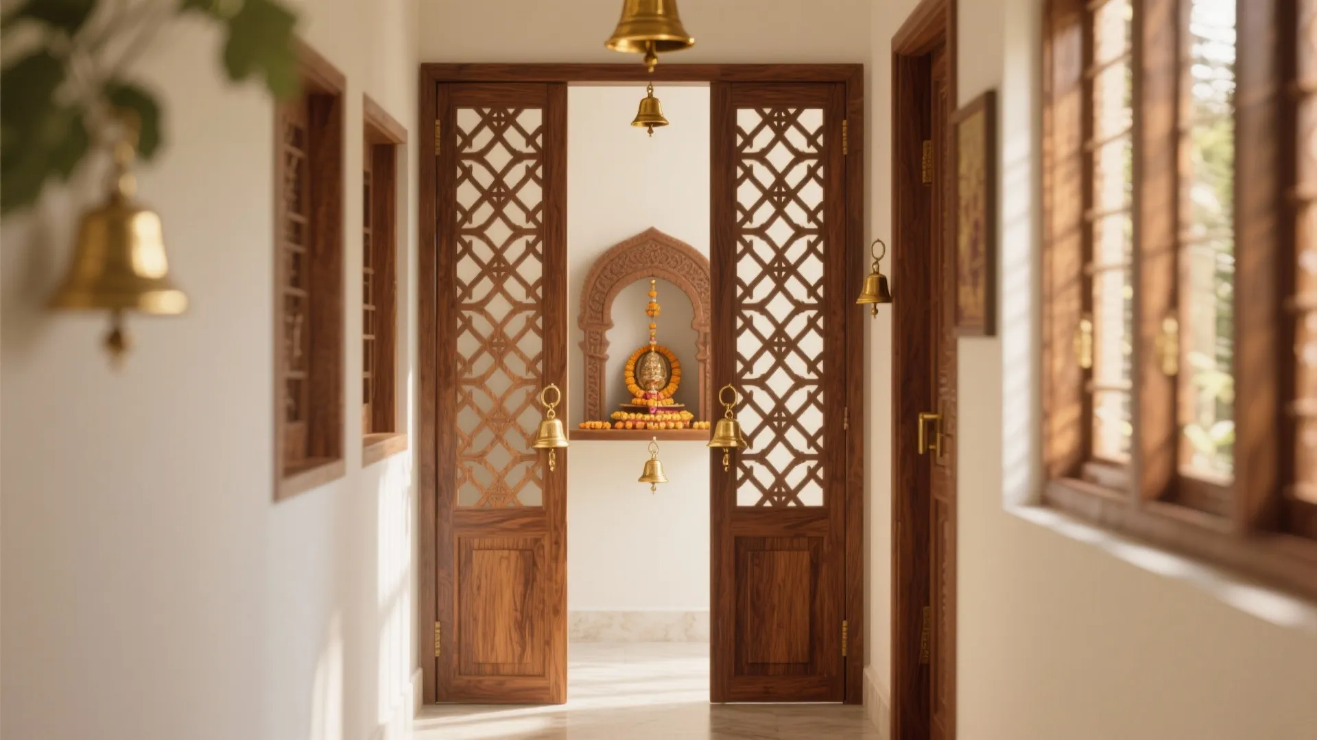 Wooden double doors with patterned frames hanging brass bells in a bright home hallway interior