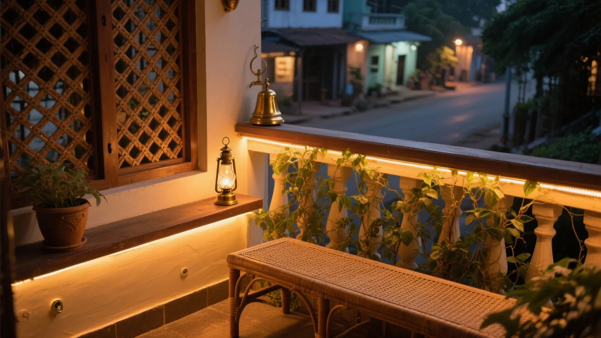 Light, lattice, and brass accents