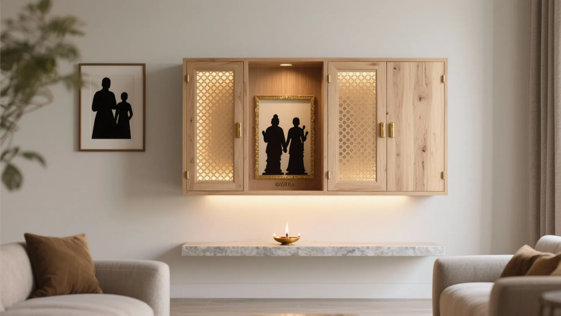Wall-mounted lattice cabinet with warm backlight