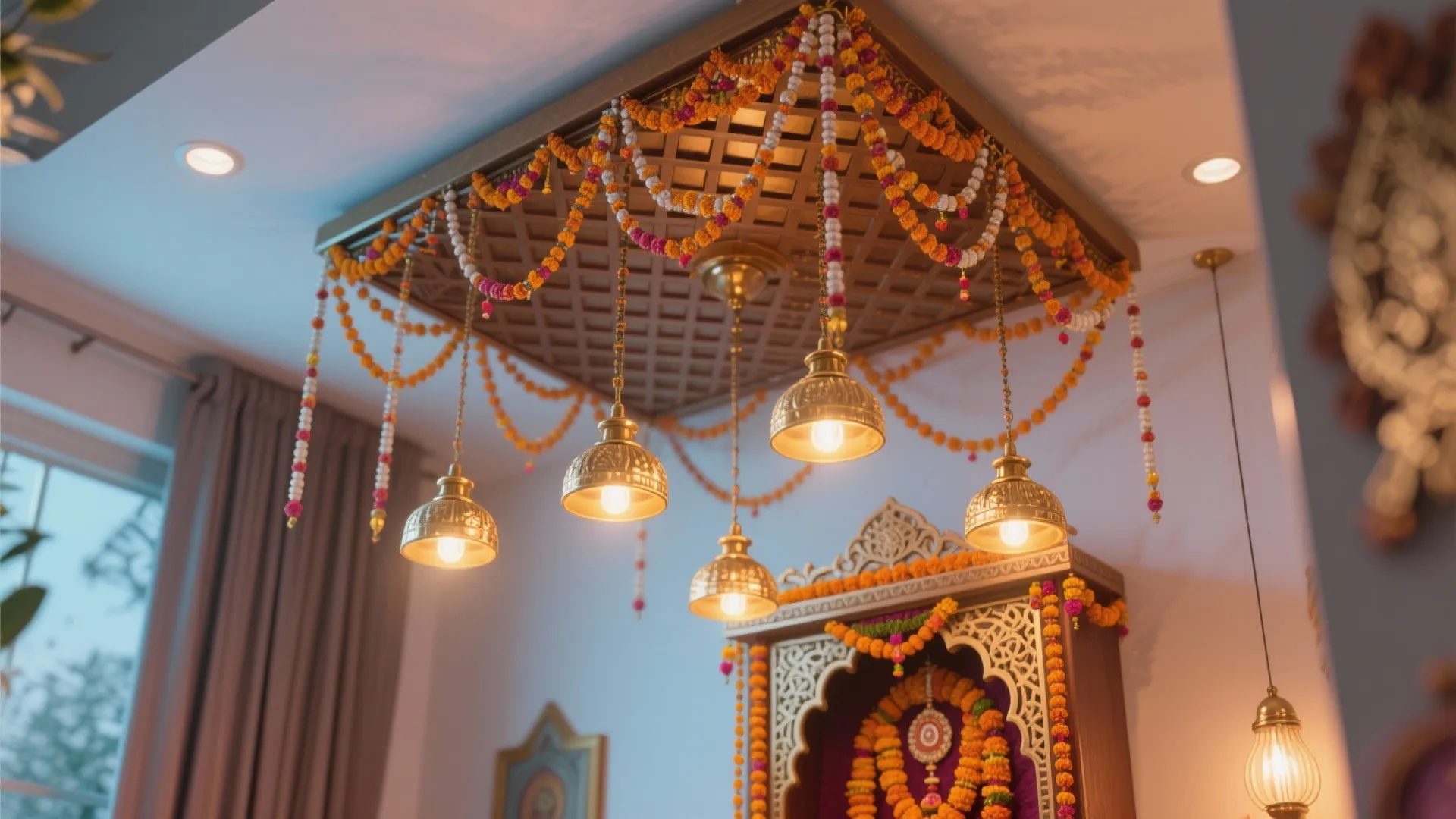 Compact Lattice Ceiling with Hanging Lamps