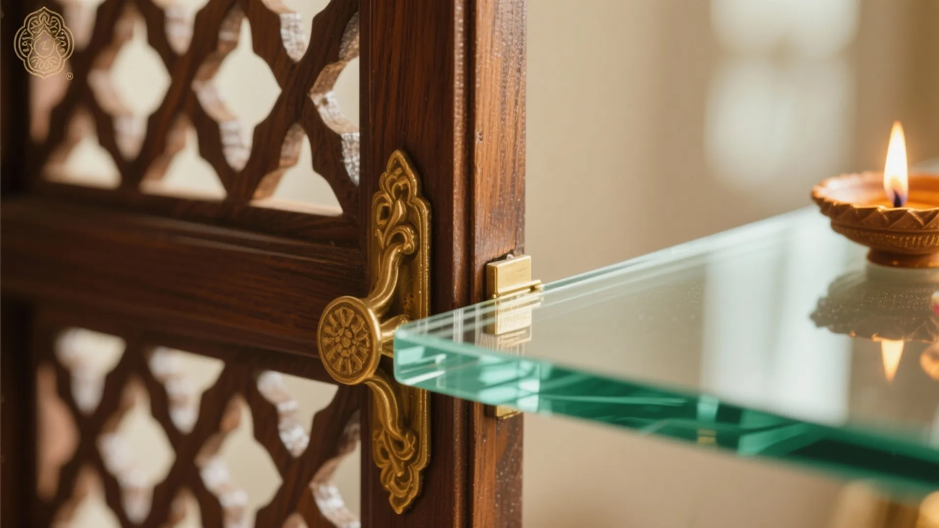 Macro detail of clear low-iron glass with brass or teak lattice on a pooja door.