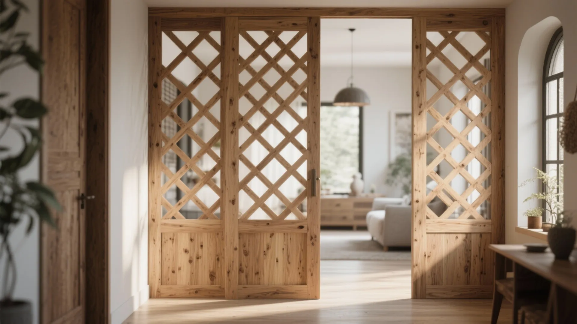 Wooden lattice sliding door divider between a bright hallway and a cozy neutral living room