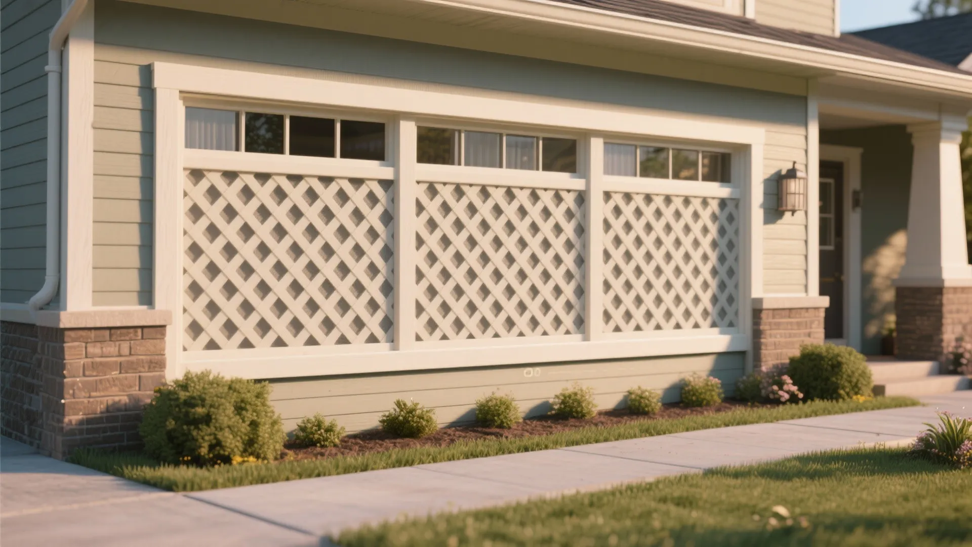 House exterior showing green walls and white lattice panels installed below large windows near grass