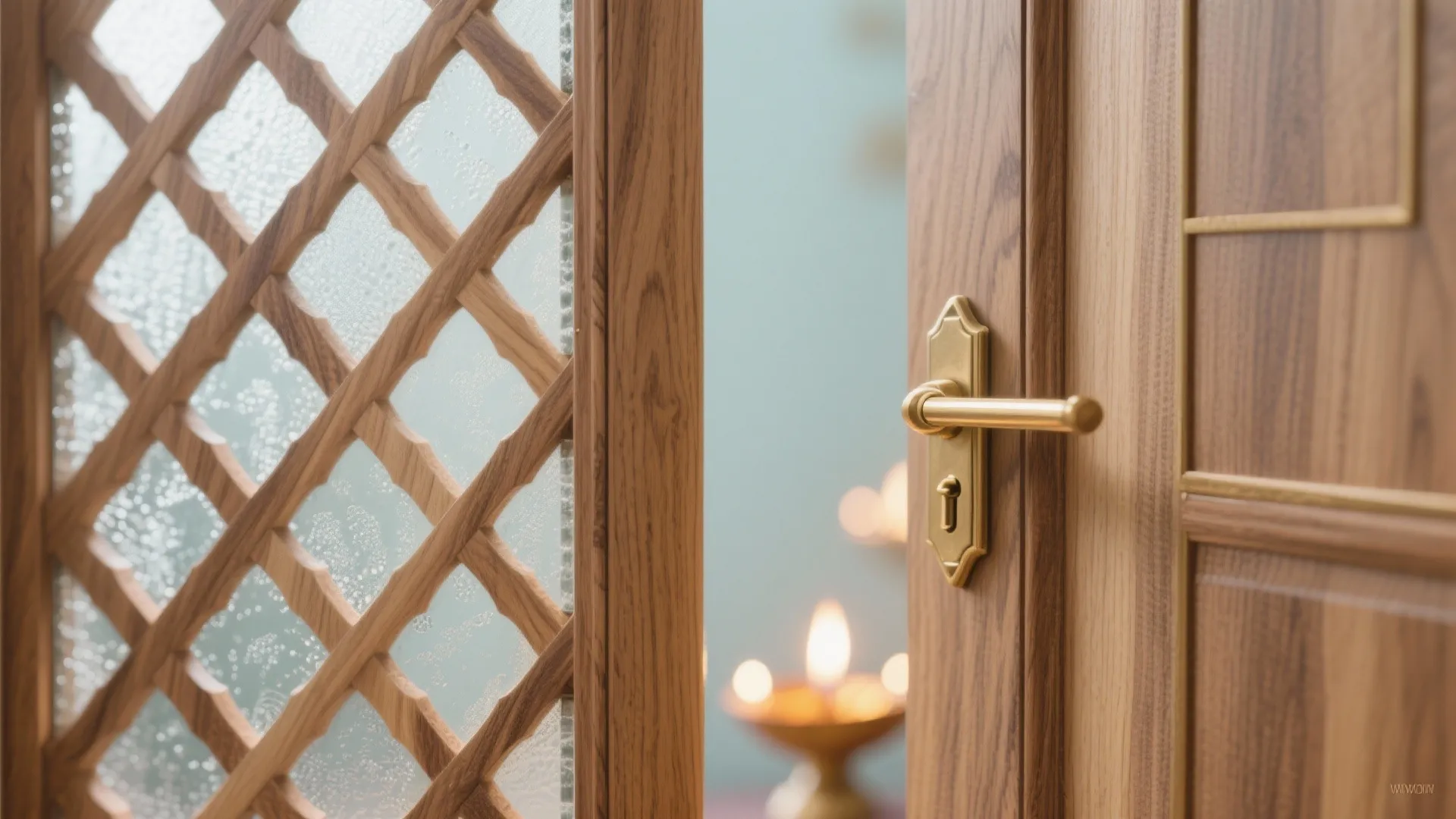 1) Minimalist wooden lattice with frosted glass