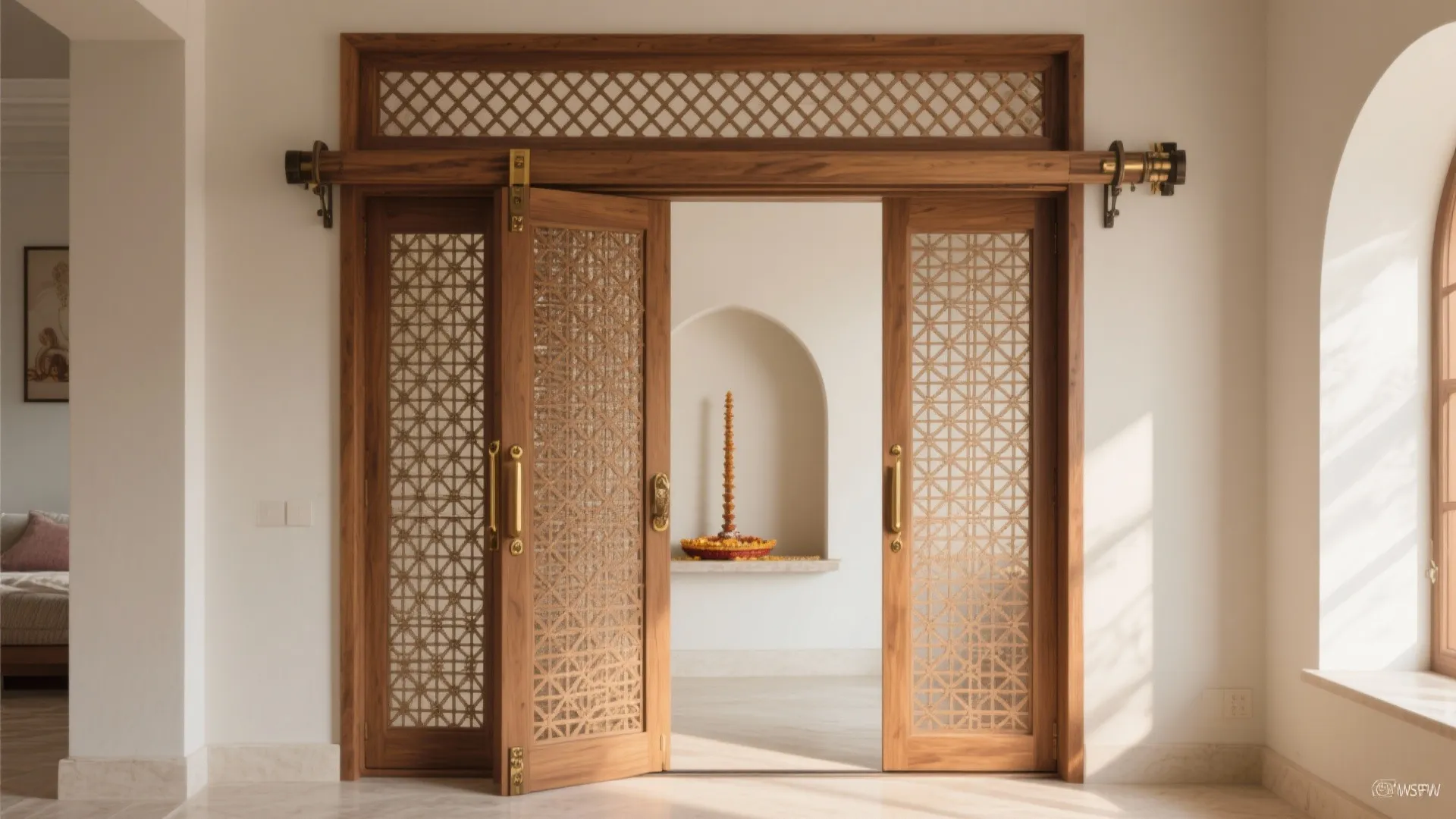 Wooden folding doors with lattice patterns open into a room with a white arched niche