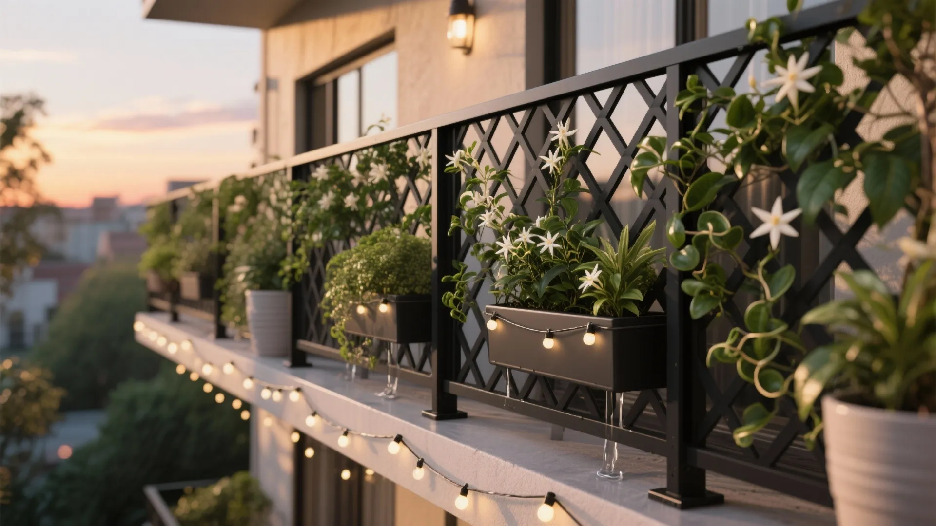 Metal lattice with climbing plants on a compact balcony, soft lights and breathable privacy.