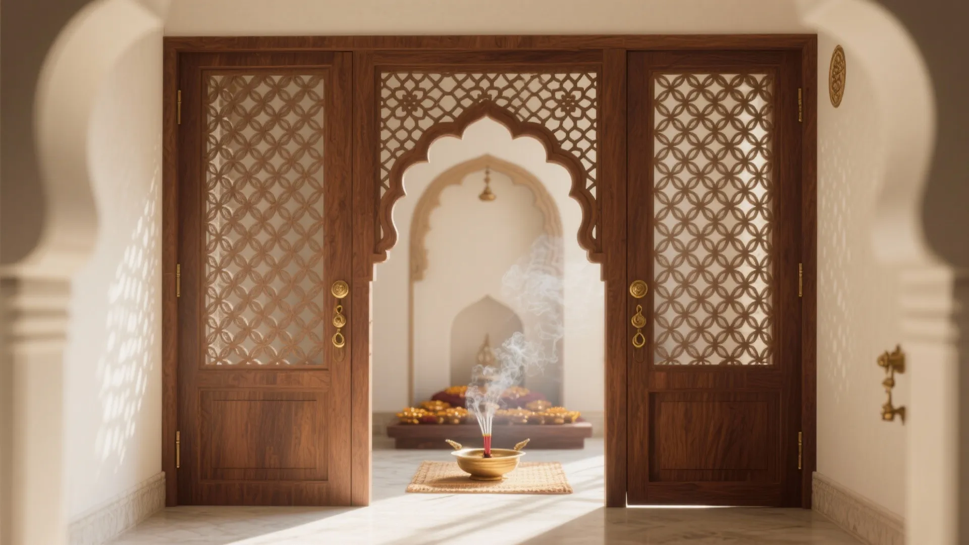 Traditional wooden doors with patterns looking into a room with incense and white wall arches