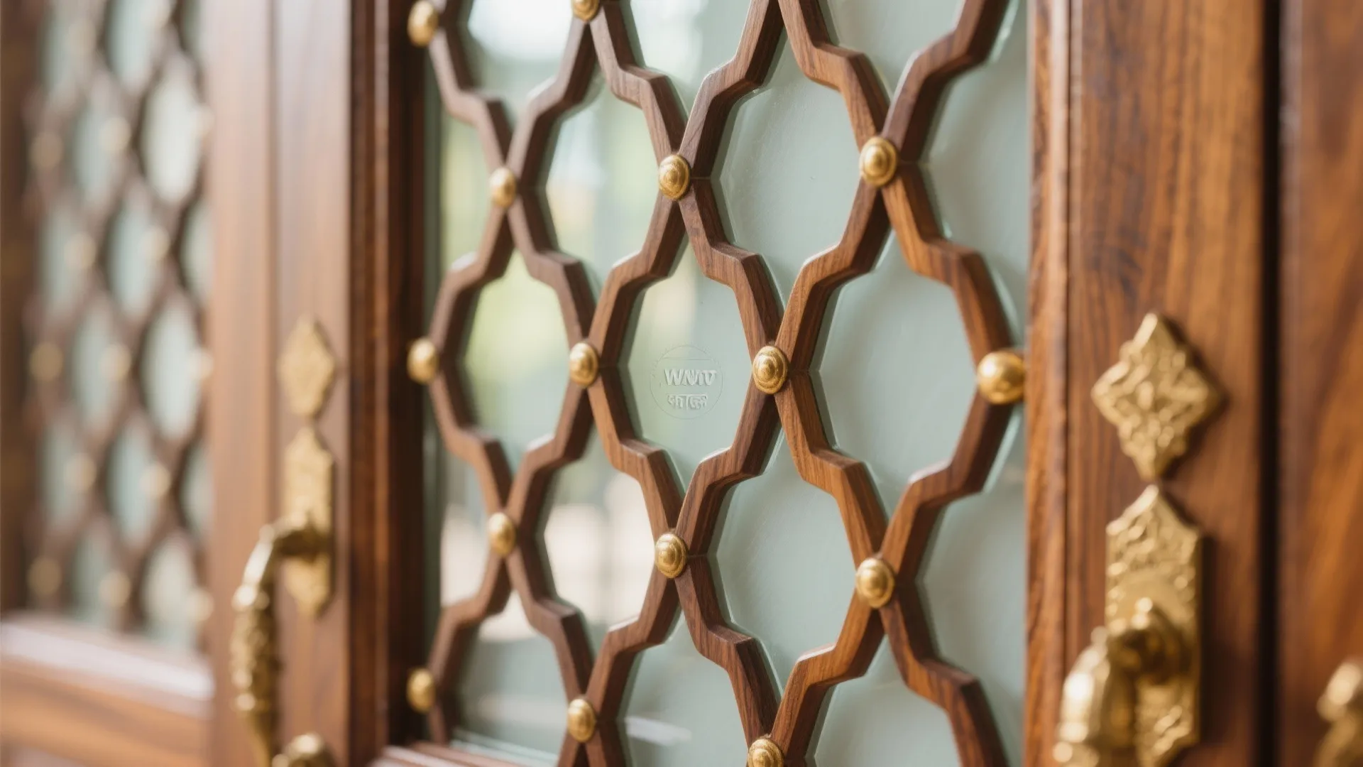 Wooden door with lattice design gold studs and a decorative gold handle over frosted glass