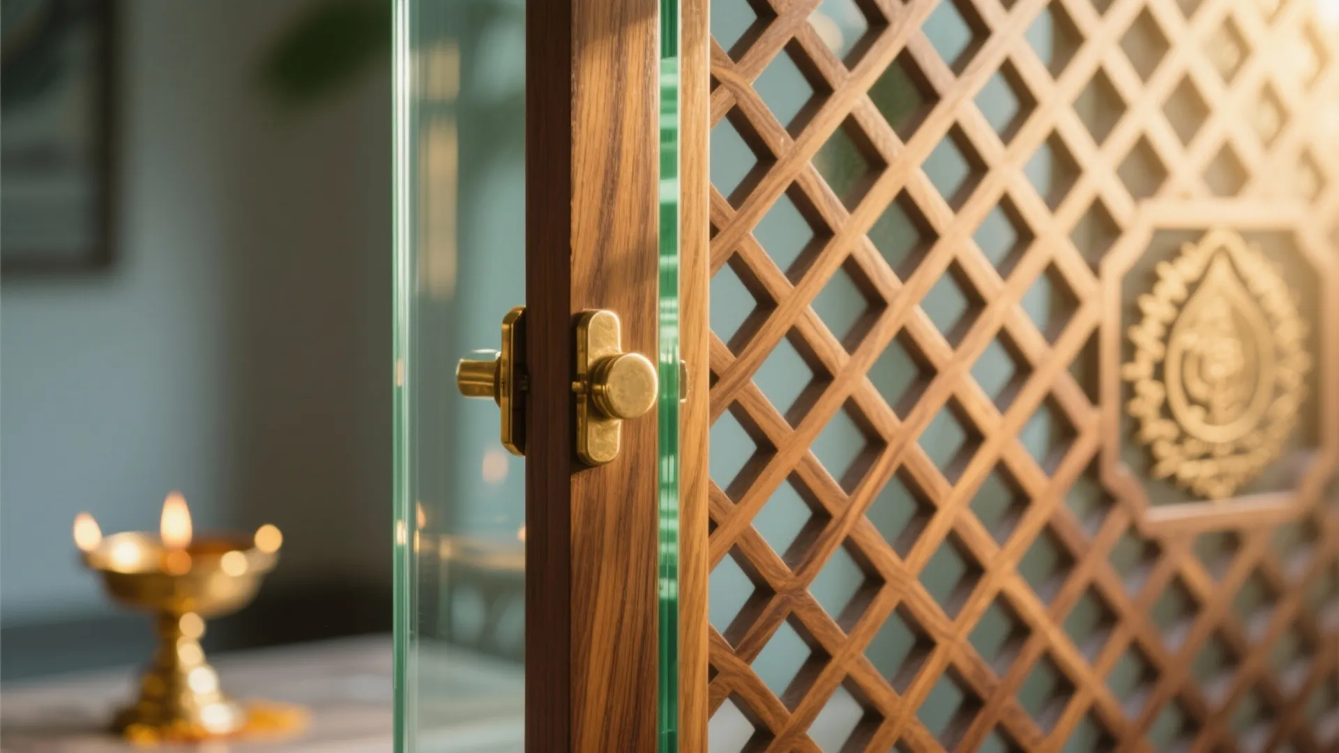 Close-up of teak lattice intersecting with clear low-iron glass on a pooja door.