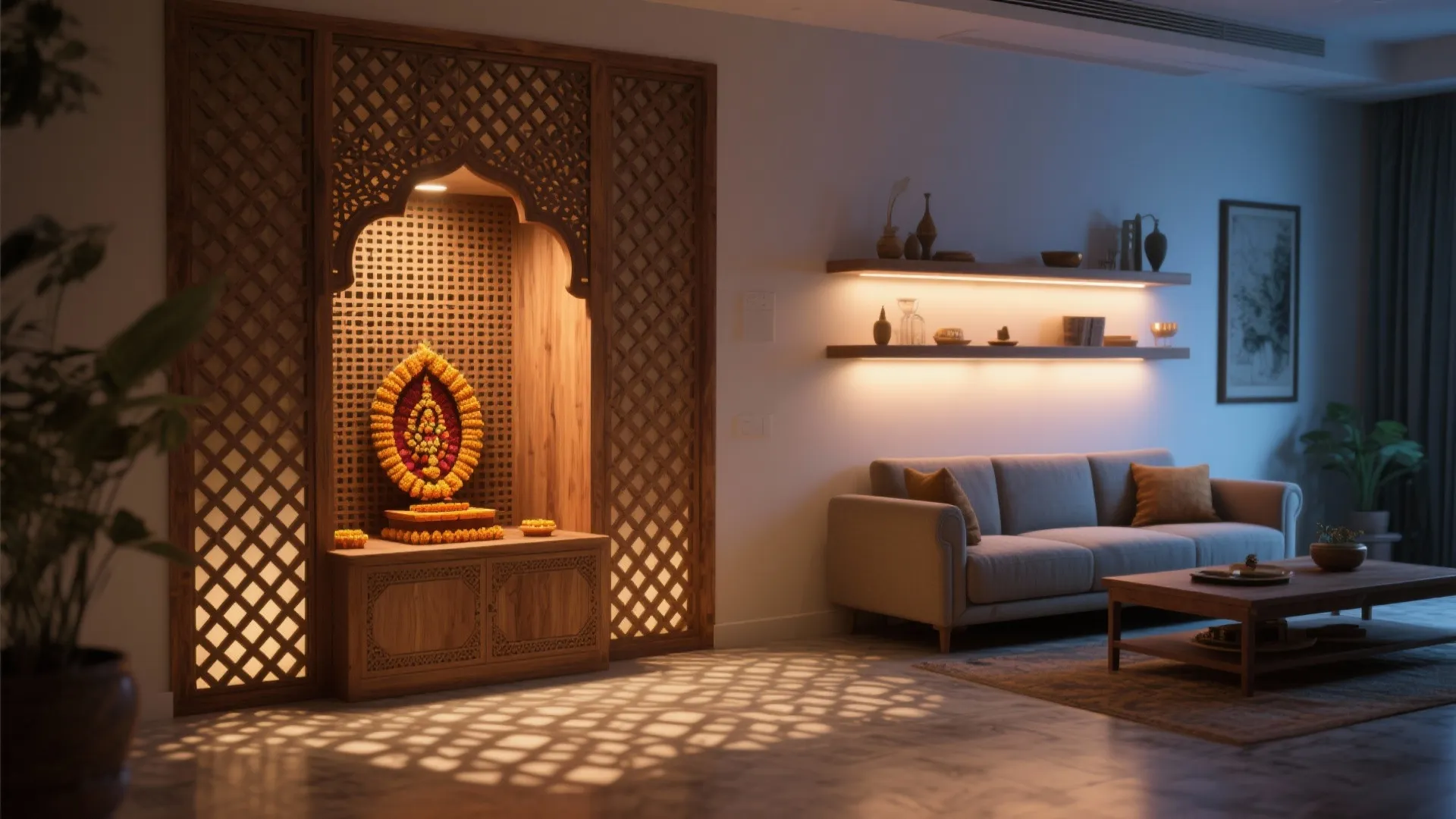 Lattice Partition Mandir that Zones the Living Room