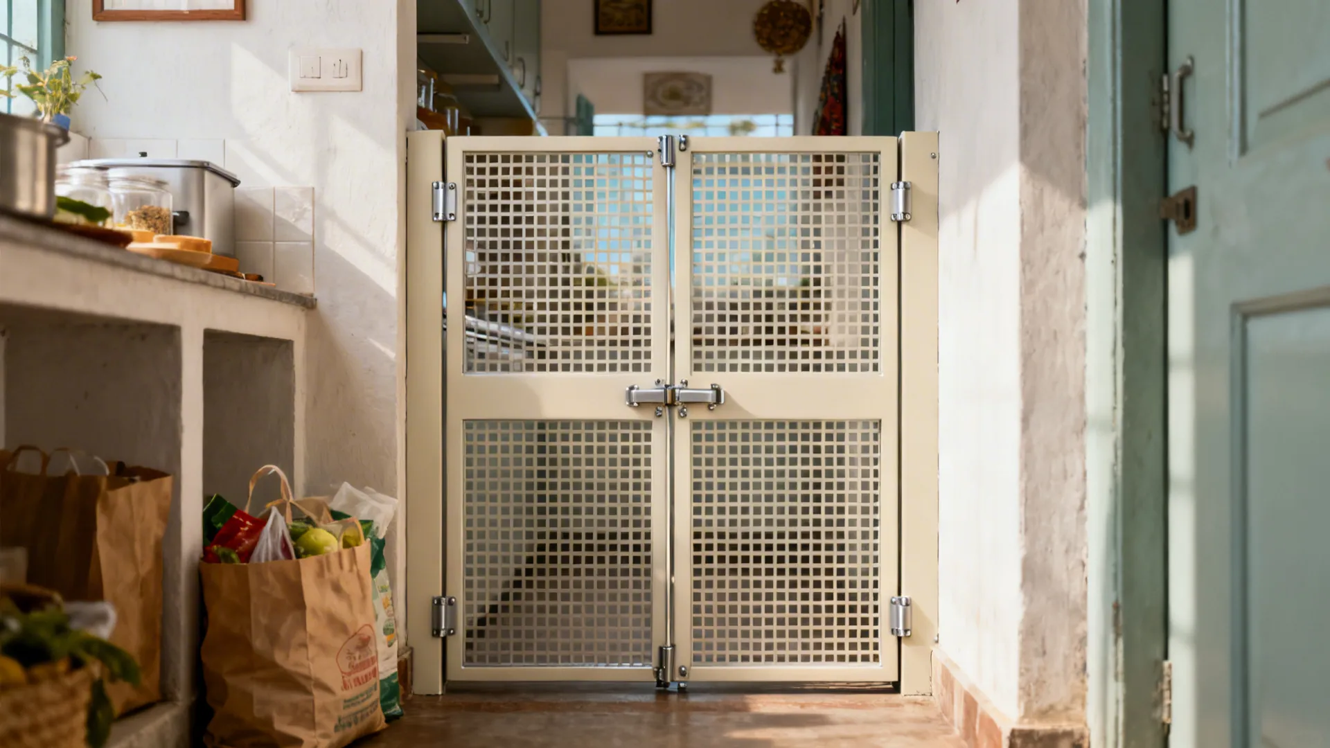 Slim mild-steel lattice kitchen gate on compact pivot hinges in a narrow corridor.