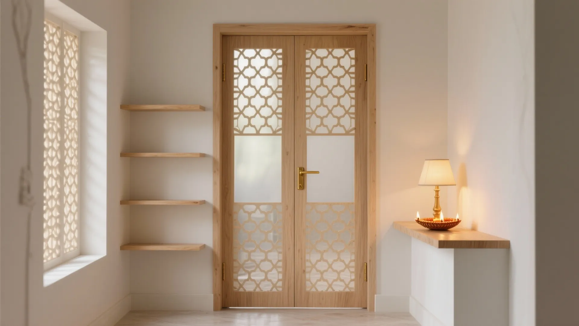 Minimal lattice plywood doors for airy sanctity