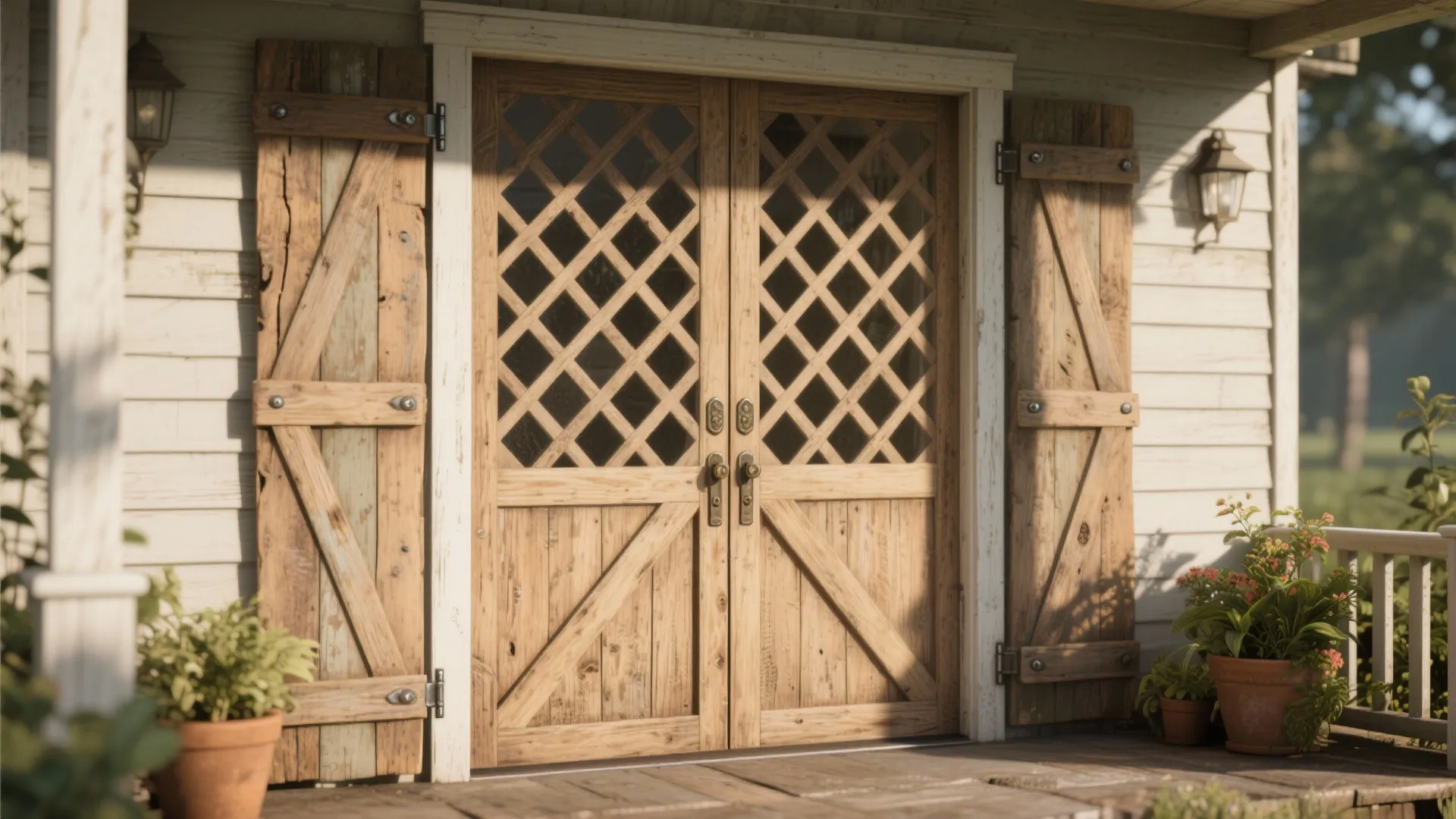 Rustic wooden double doors with diamond window patterns wooden shutters and potted plants on porch