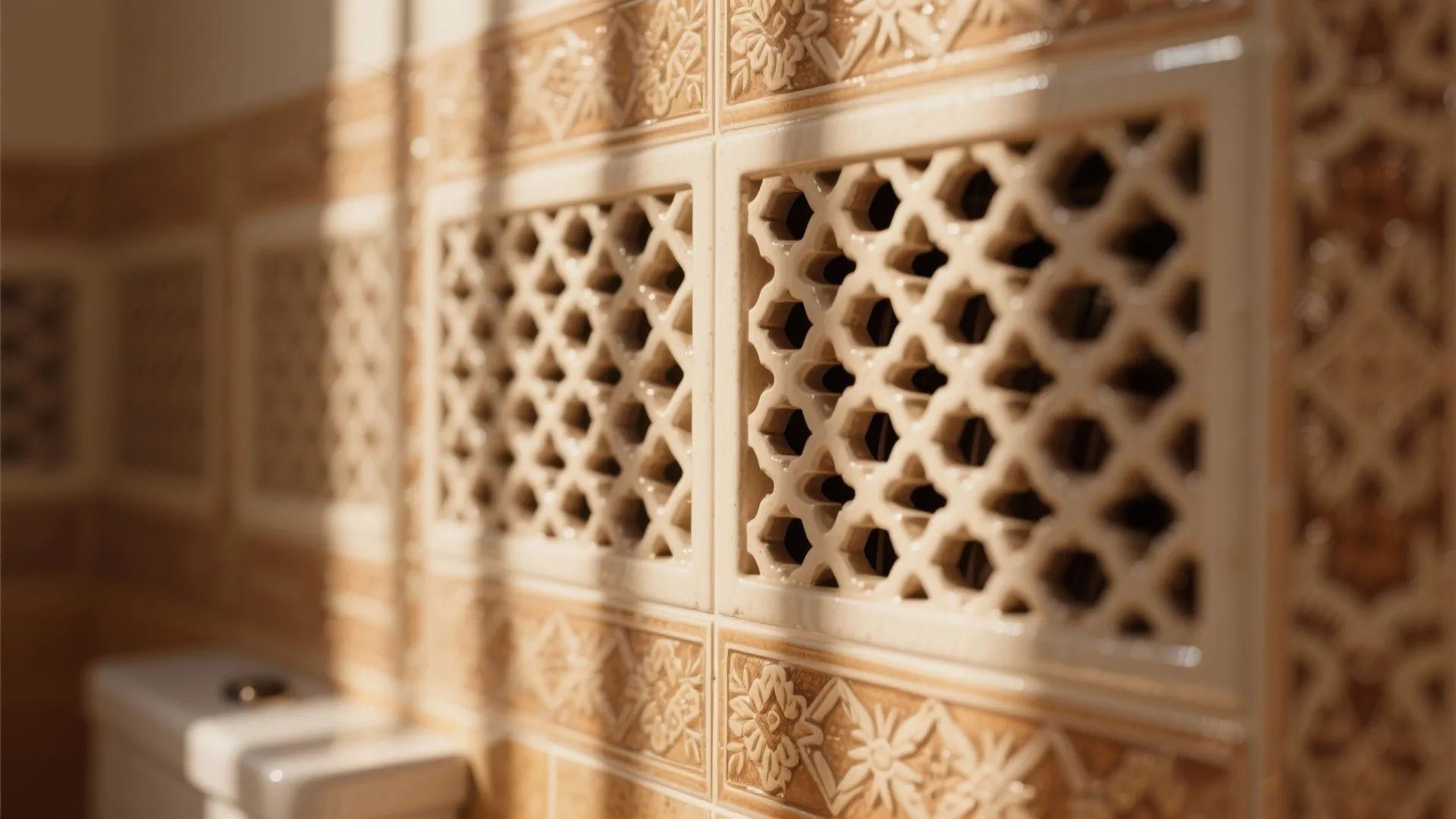 Close up view of decorative beige wall tiles with geometric pattern and flower details in bathroom
