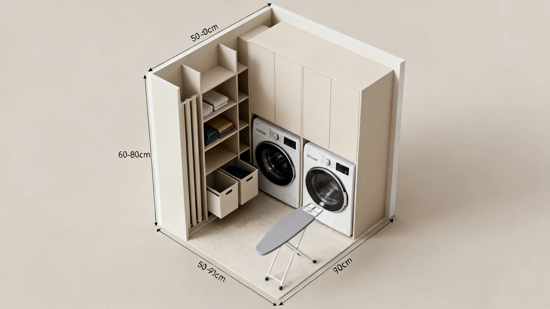Top-down 3D planner mockup of a tiny laundry closet layout with annotated clearances